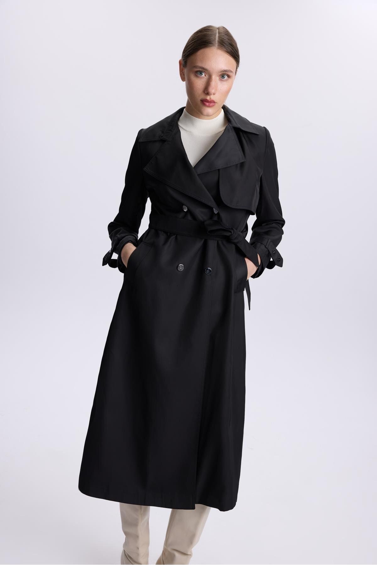 Zühre-Double Breasted Collar Sleeve Detailed Black Trench Coat 13311 3