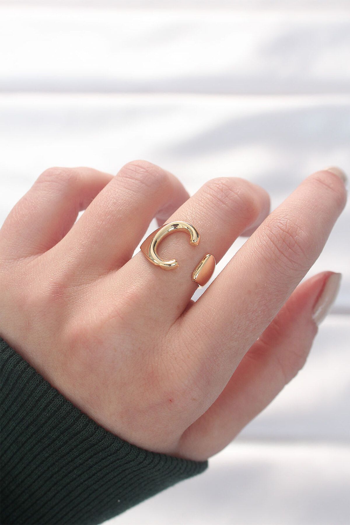 nazeninstoğu-Gold Color Adjustable Ring with Letter C 1