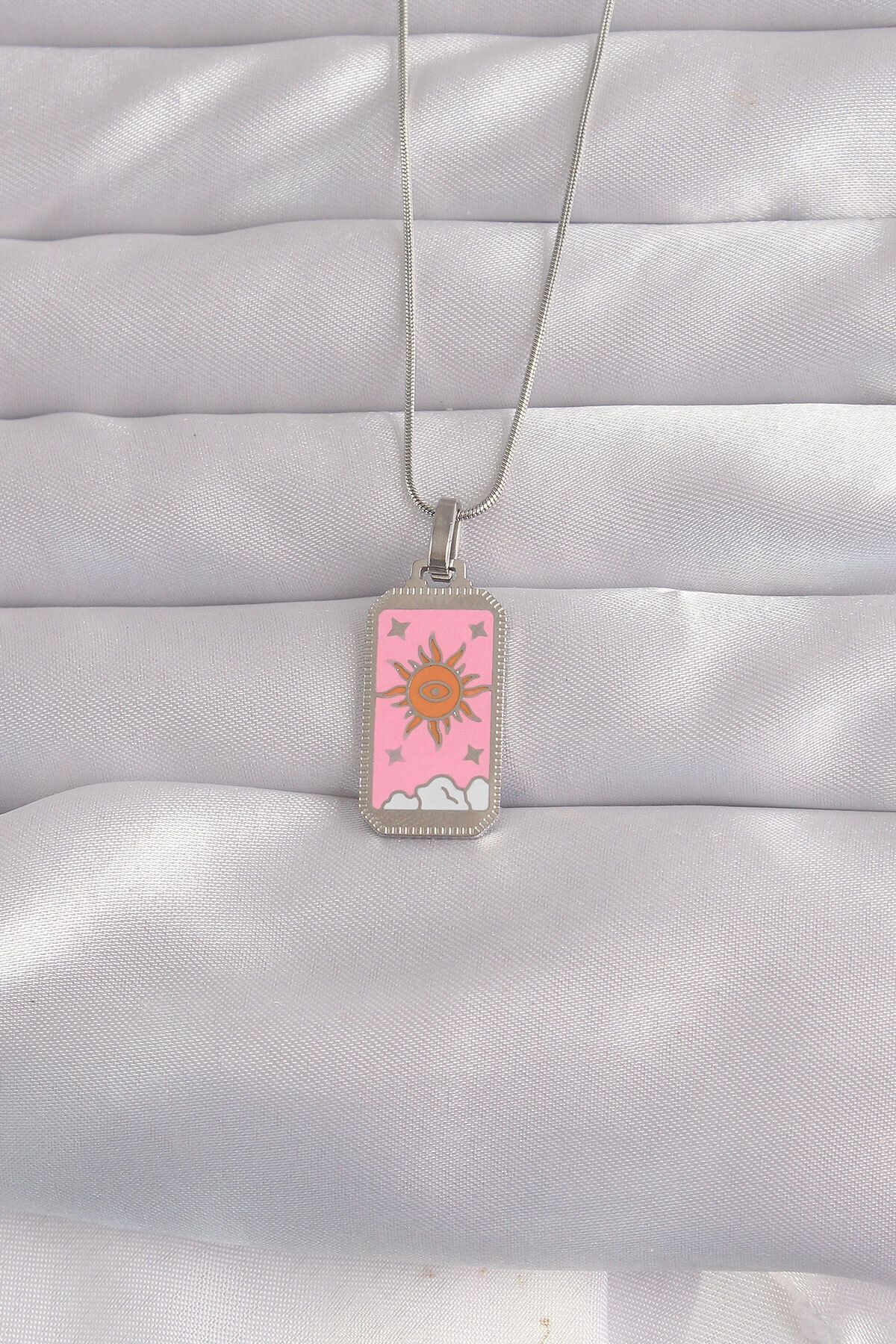 NZM TİCARET-316L Steel Special Series Silver Color Pink Enamel Sun Model Tarot Necklace 2