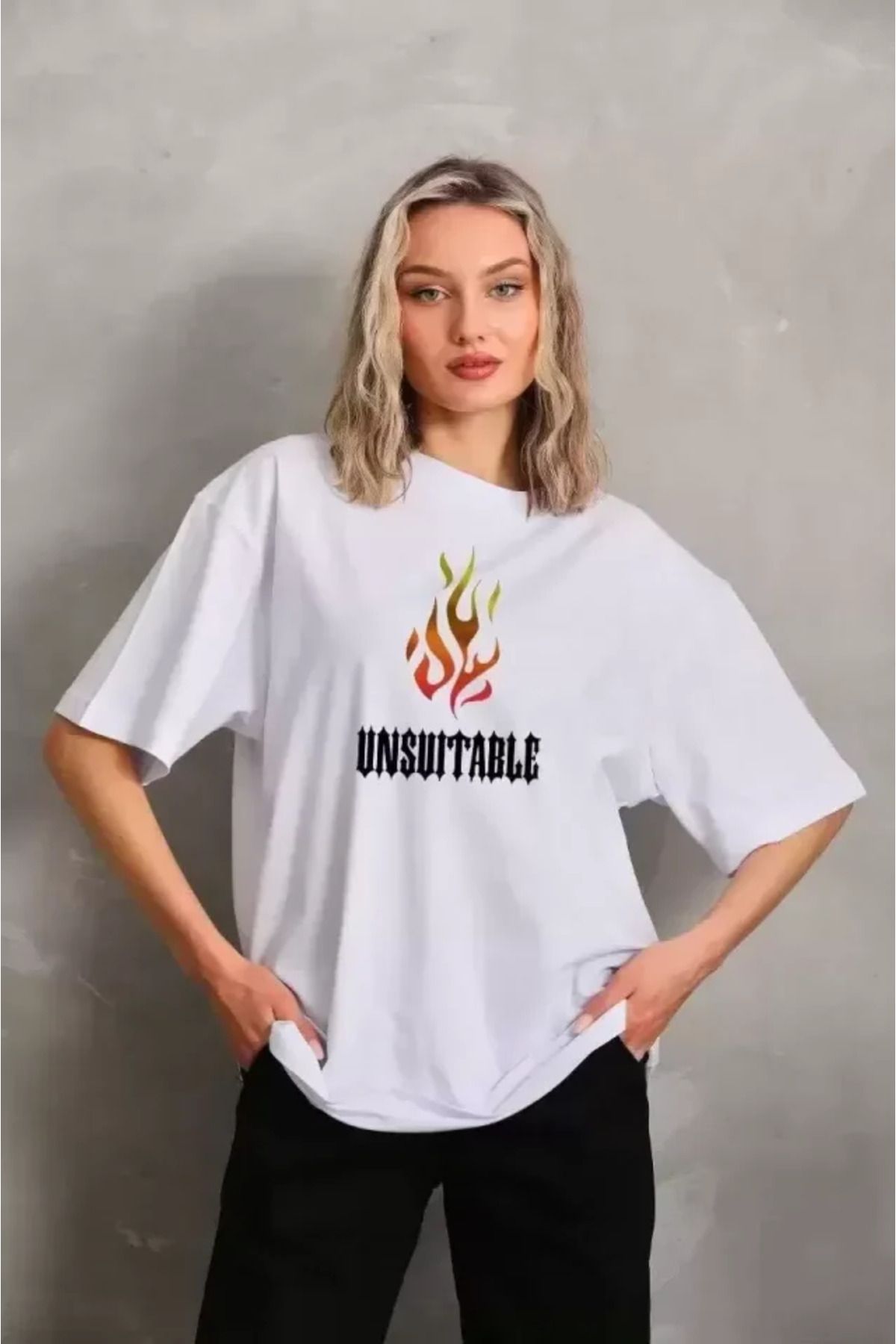 nedo7 Unisex Bisiklet Yaka Baskılı Oversize T-Shirt - Beyaz