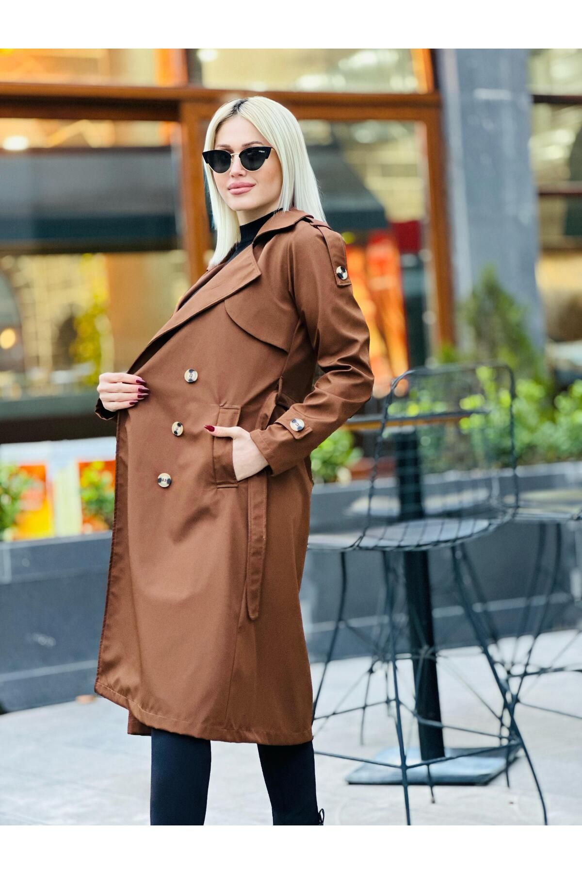 QUBERZ-Tan Colored Sleeve Belt and Epaulet Trench Coat 3