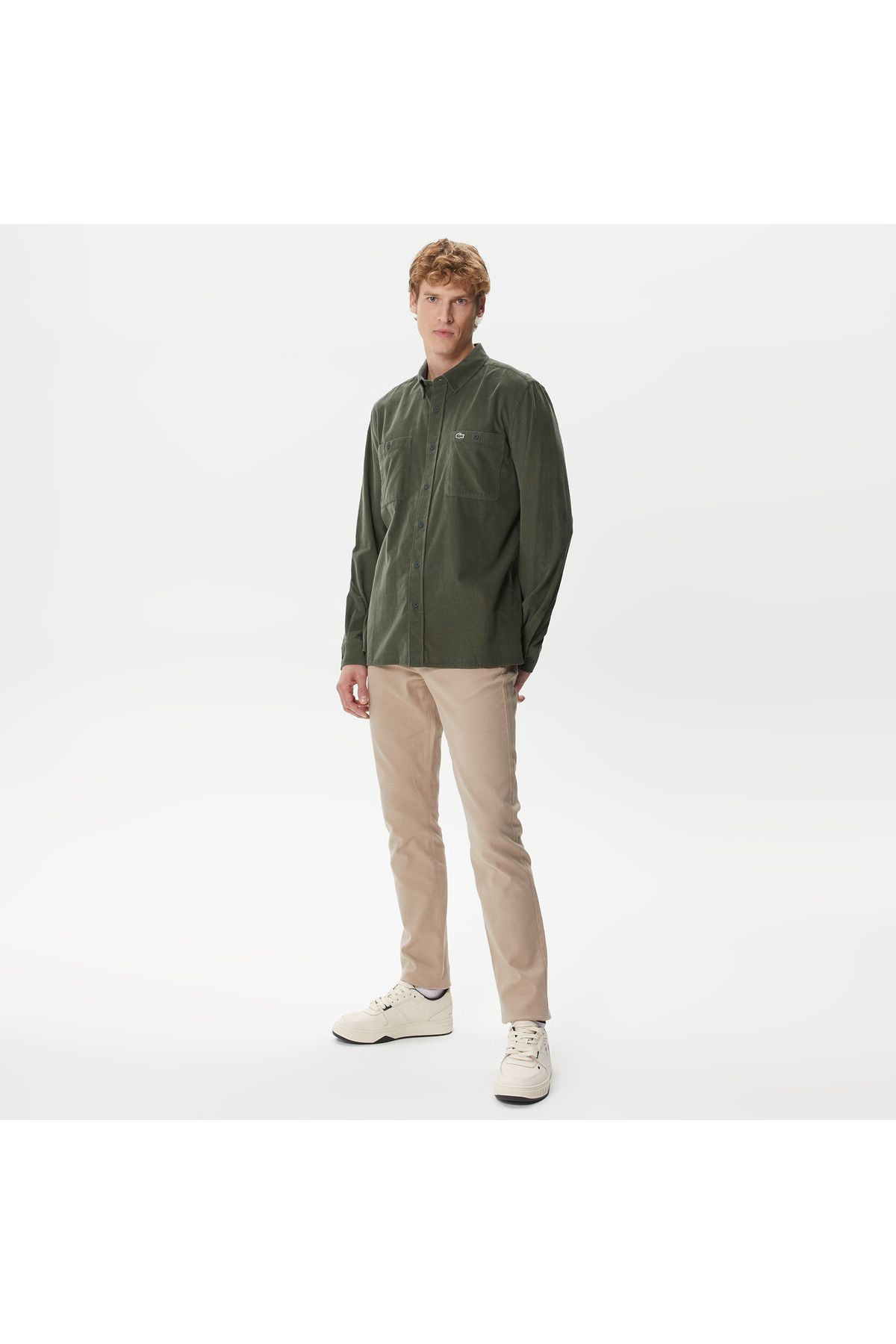 پیراهن / بلوز دکمه دار سبز مردانه خاکی Collar Button اورجینال Lacoste