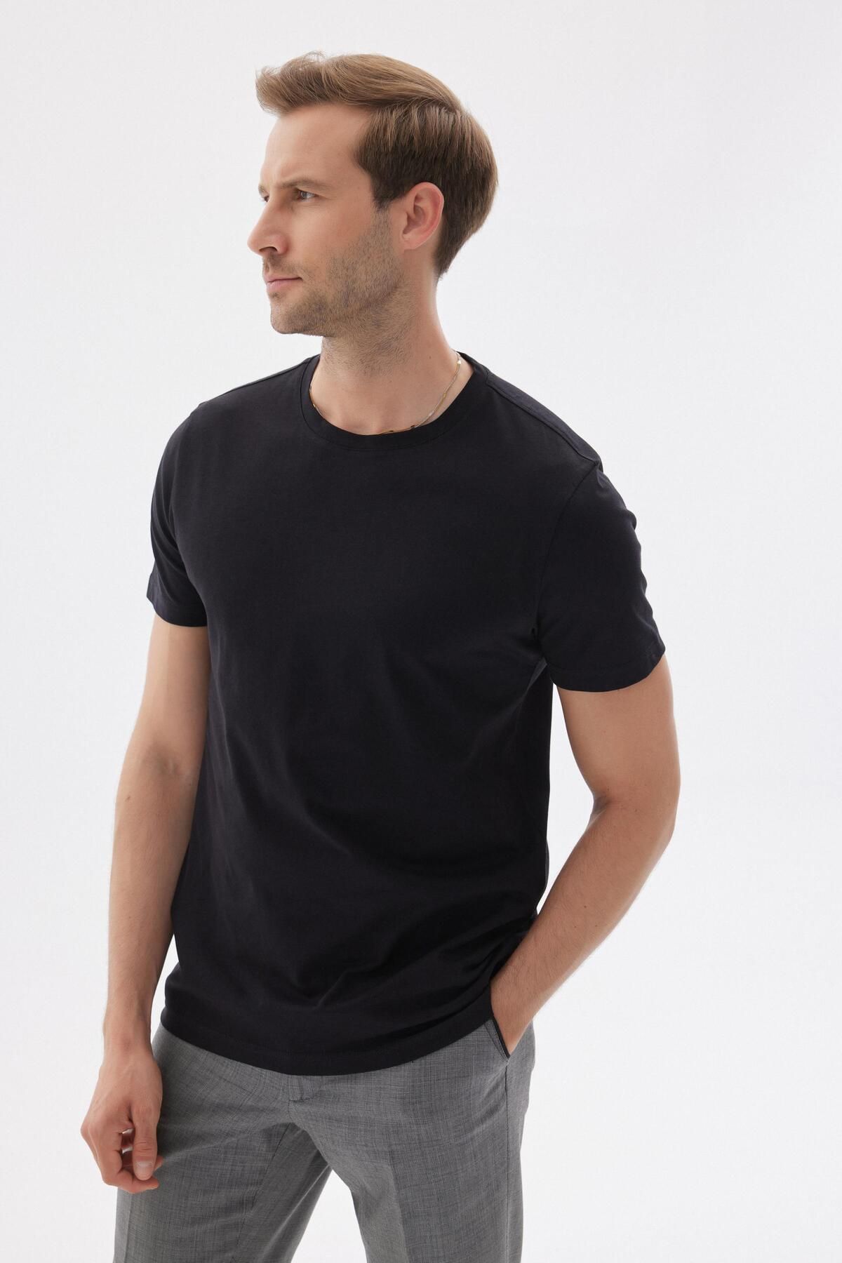 odelon-Men's Black Slim Fit Crew Neck 100% Cotton Basic T-shirt 2