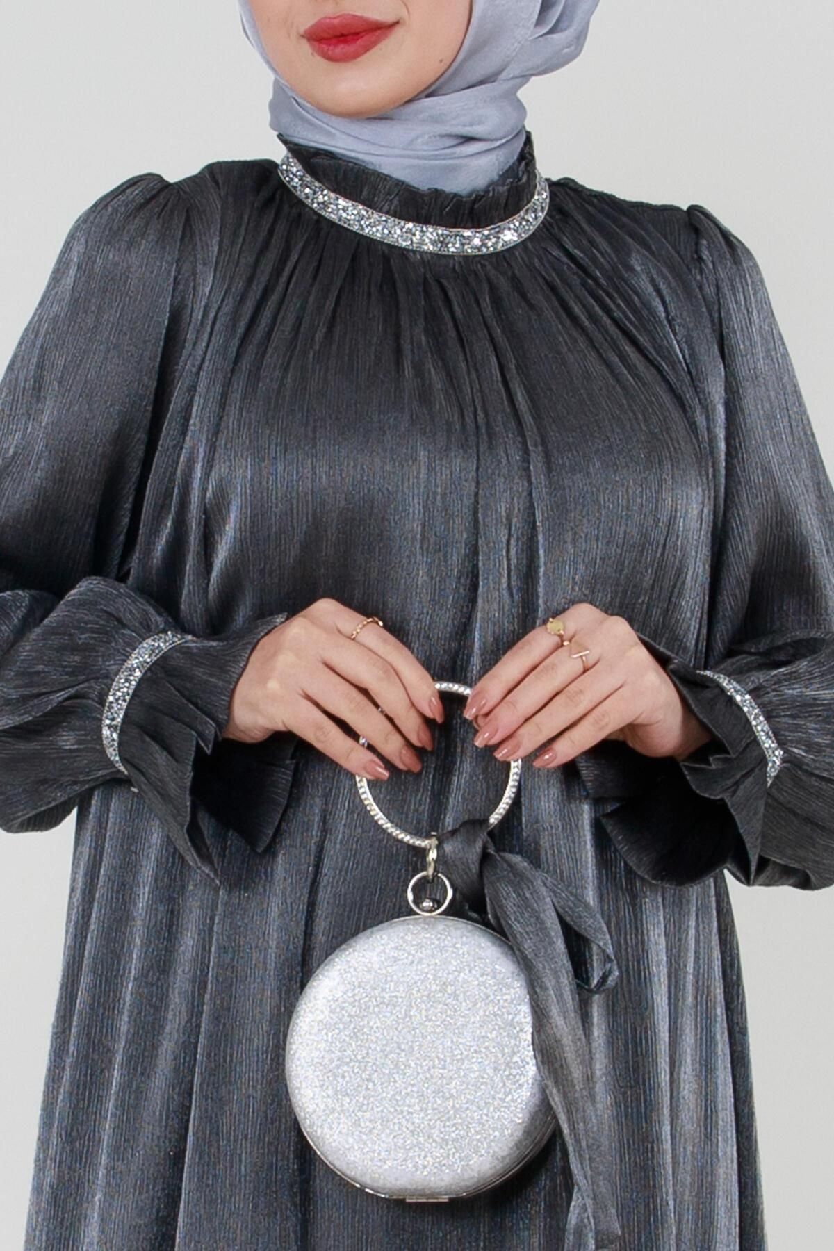 لباس شب پوشیده خاکستری زنانه حجاب شبانه سنگی نقره ای Sevitli