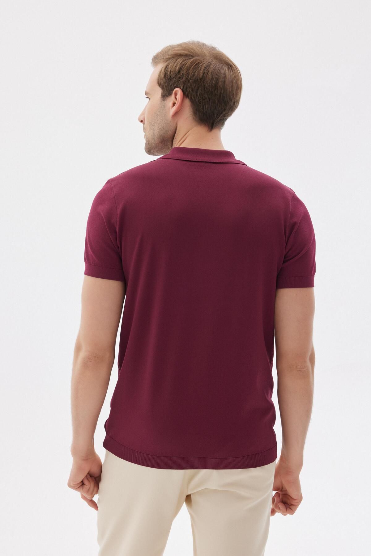 odelon-Tricou pentru bărbați tricotaj roșu Claret cu gât polo - fermoar simplu, raion 5