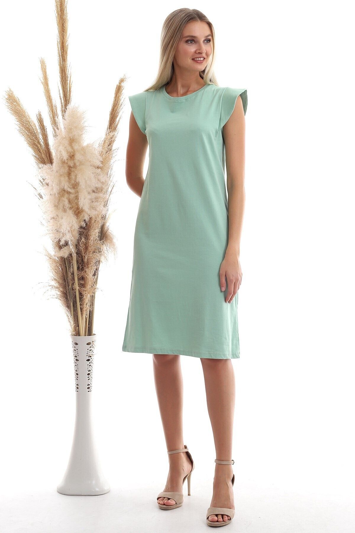 Cotton Mood-20333416 Single Jersey Shoulder Wire Dress Cagla Green 2