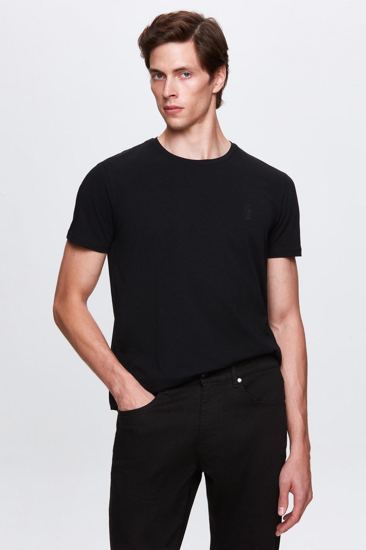 Twn-Black Slim Fit Logo Printed Stretch Cotton T-shirt 1