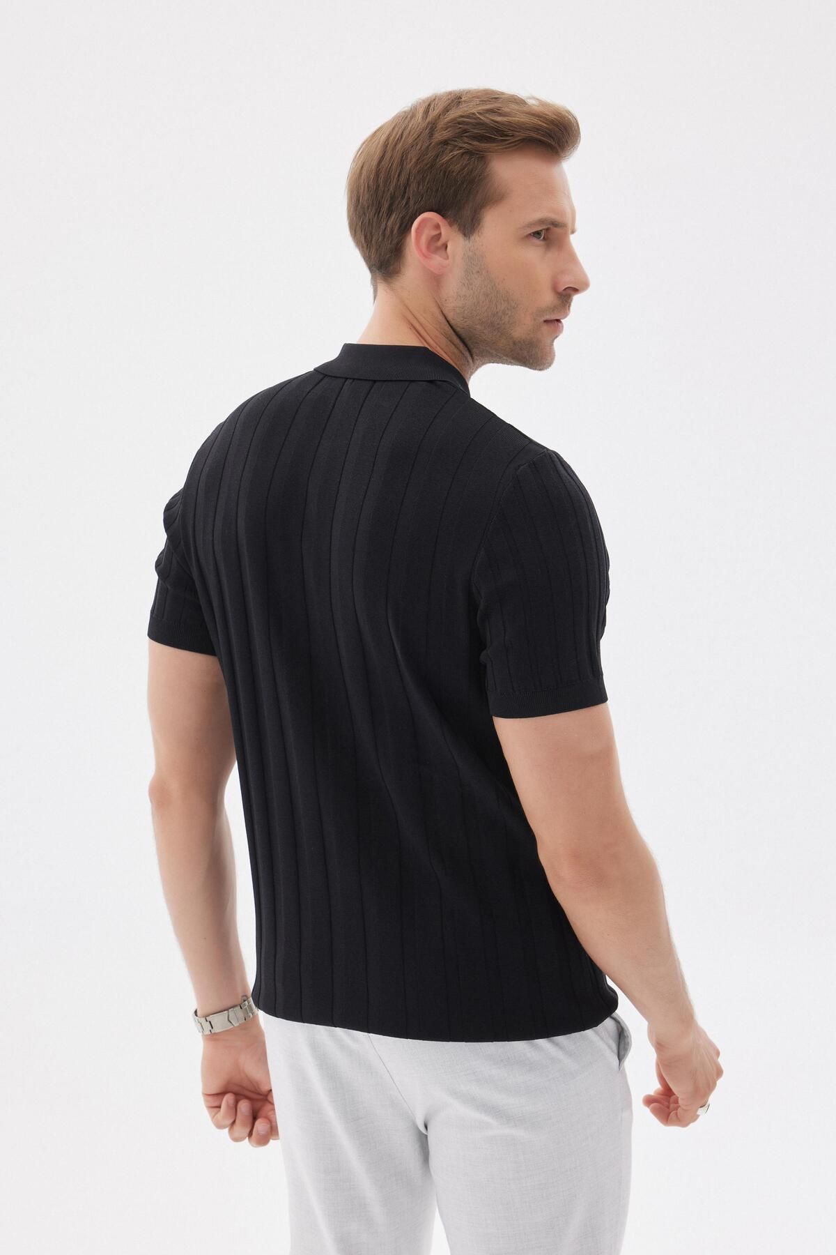 odelon-Polo Collar Limited Corded Rayon Men's Black Knitwear T-Shirt 5