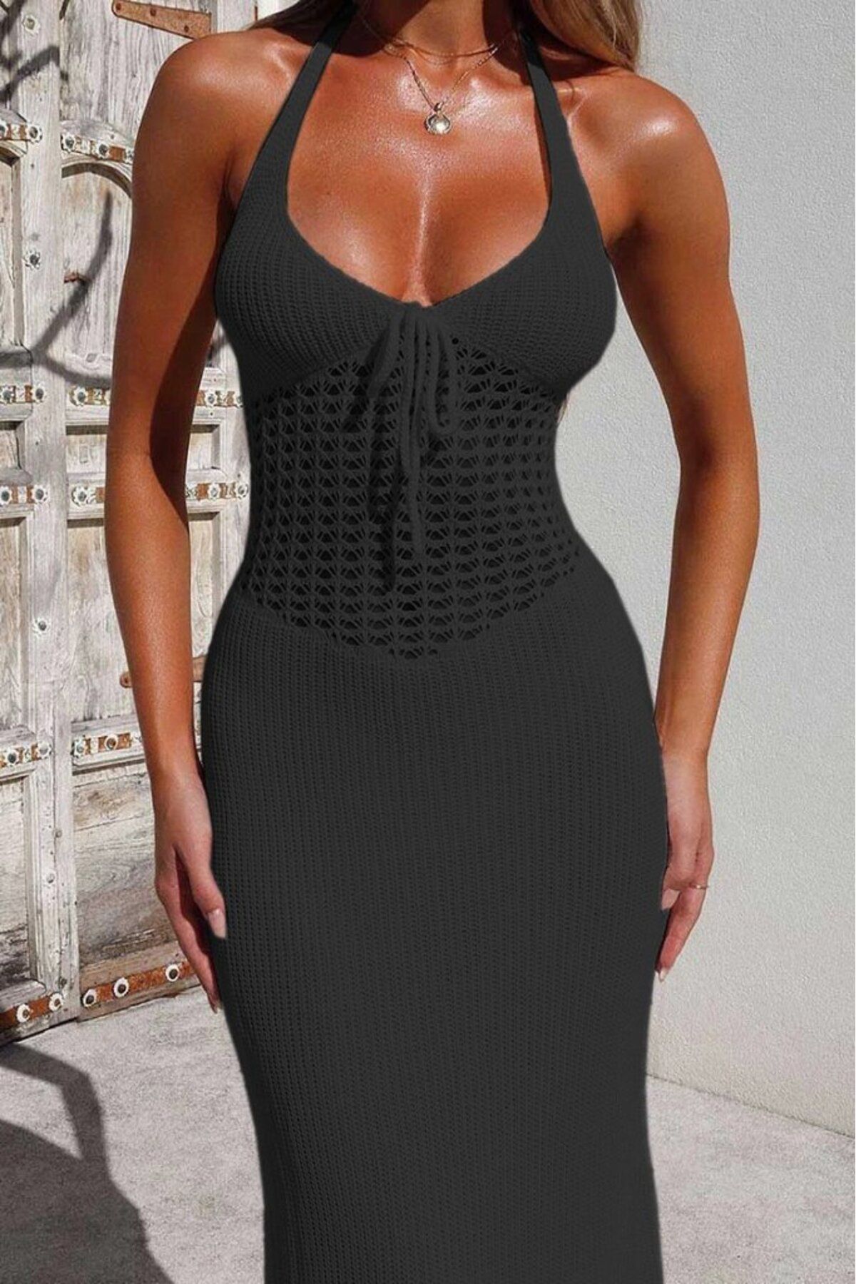 velmorafashion Kadın Boyundan Ve Sırttan Bağlamalı Dekolteli Triko Uzun Elbise