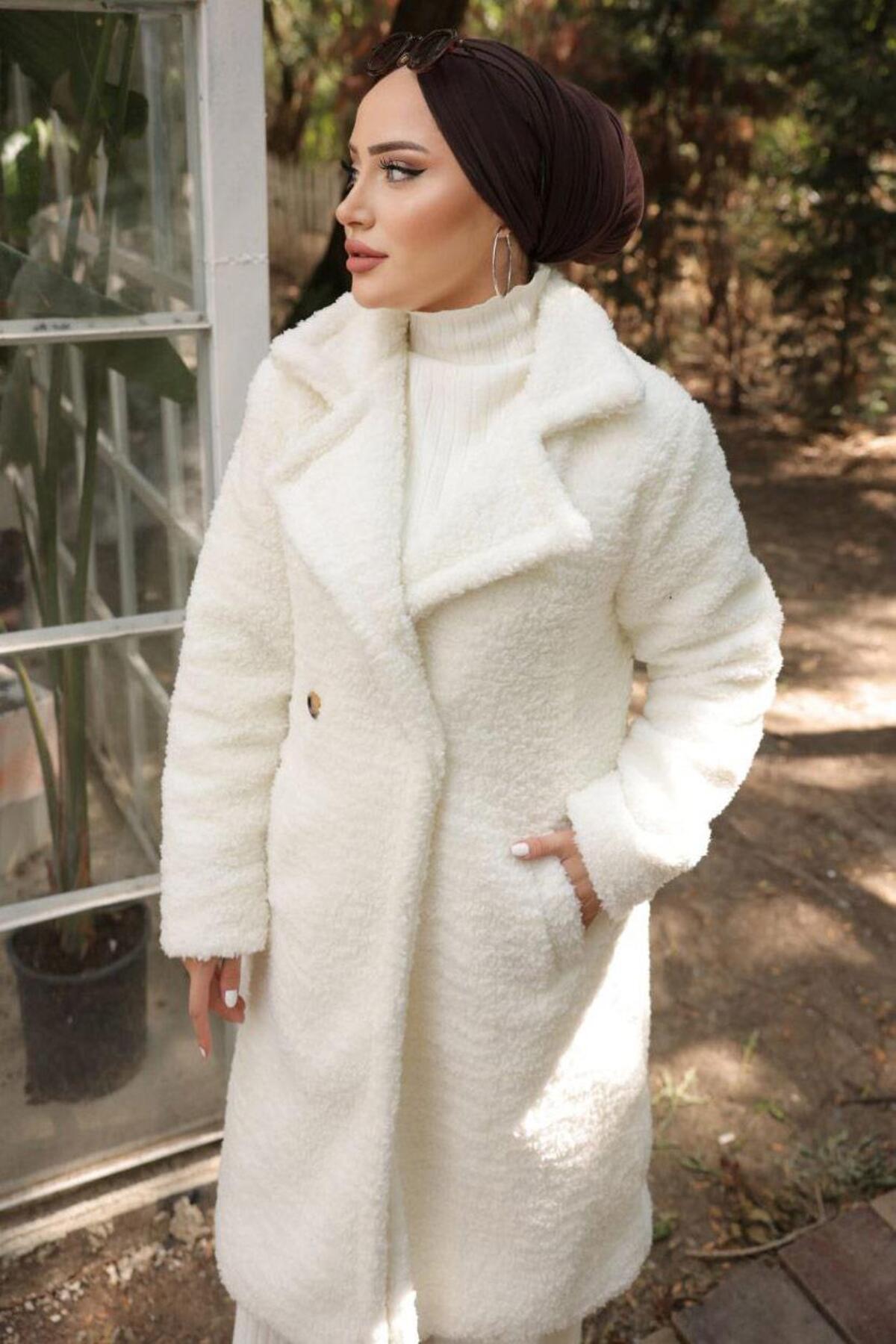 hafsamina  Fleto Cepli Peluş Mont Beyaz HM2506 - Görsel 4