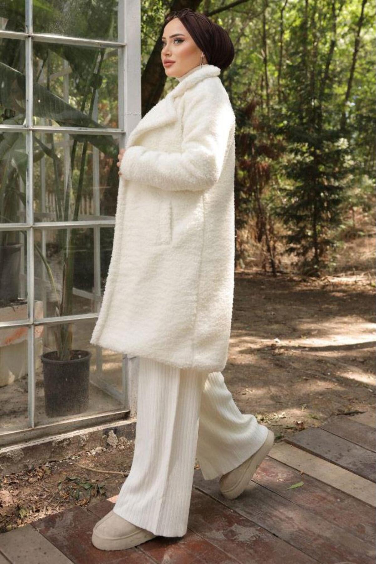 hafsamina  Fleto Cepli Peluş Mont Beyaz HM2506 - Görsel 8