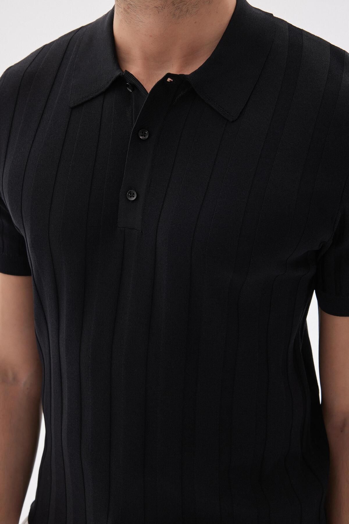 odelon-Polo Collar Limited Corded Rayon Men's Black Knitwear T-Shirt 4