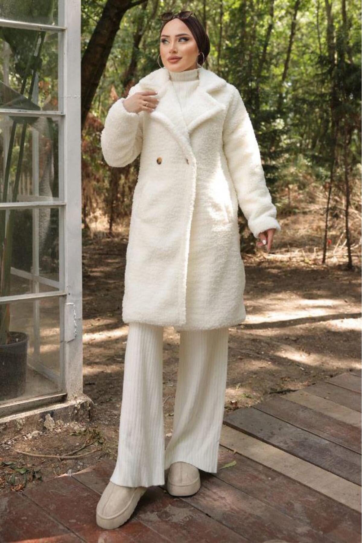 hafsamina  Fleto Cepli Peluş Mont Beyaz HM2506 - Görsel 2