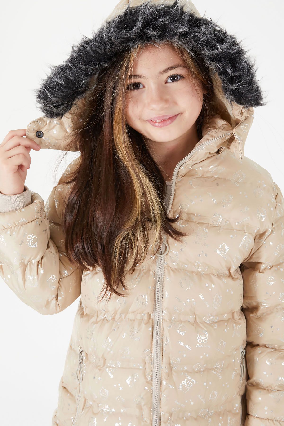 Cansın Mini-Girl's Character Printed Puffer Coat Beige 15552 3