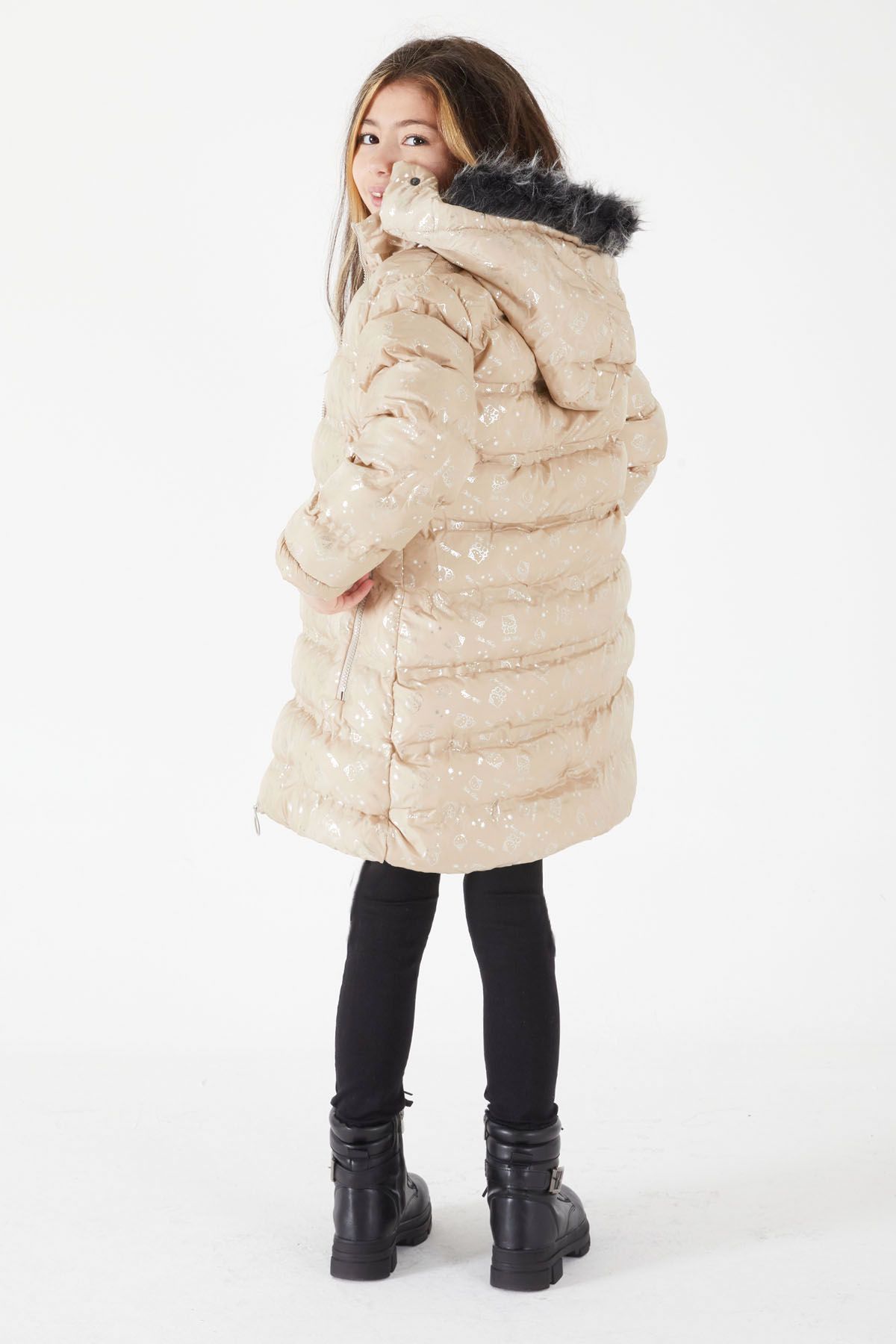 Cansın Mini-Girl's Character Printed Puffer Coat Beige 15552 6