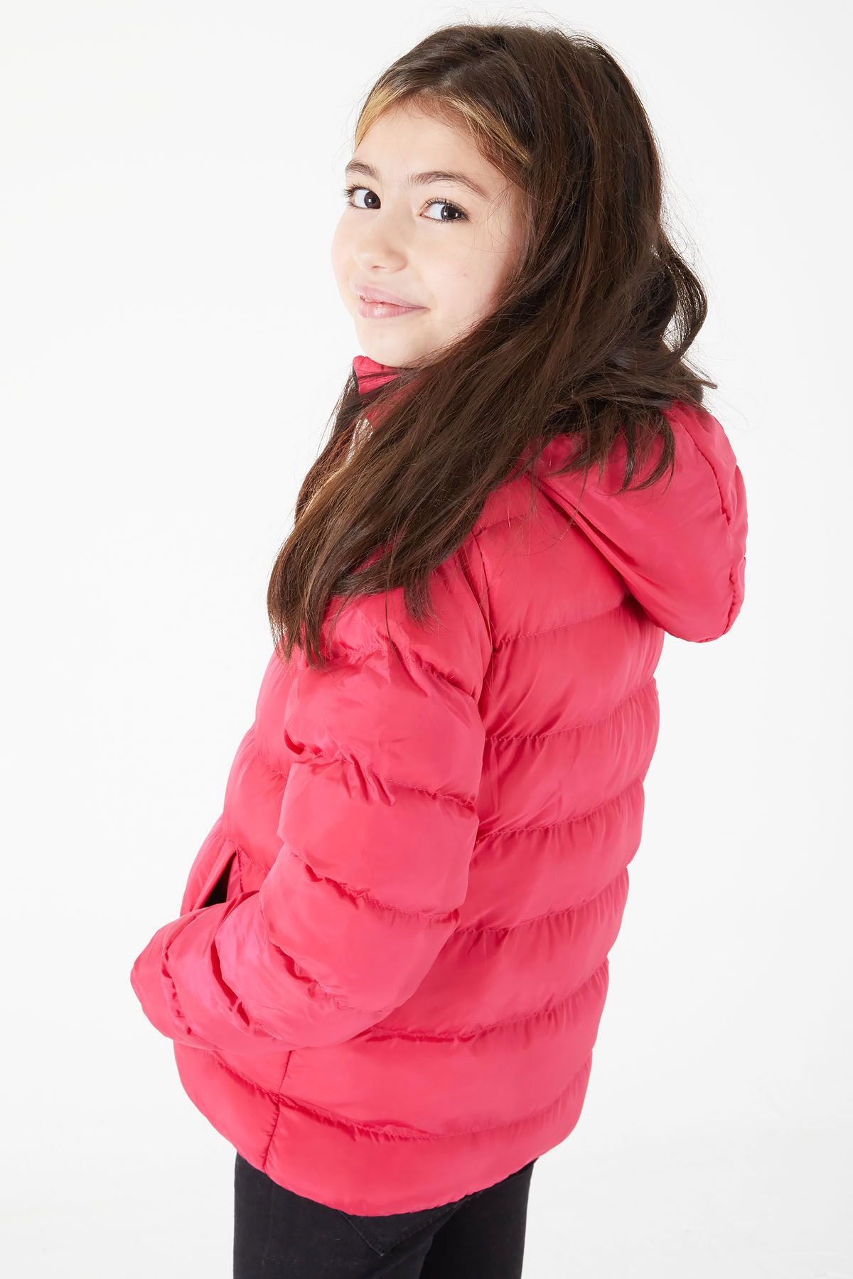 Cansın Mini-Girl's Straight Stitched Fuchsia Puffer Coat 15639 5