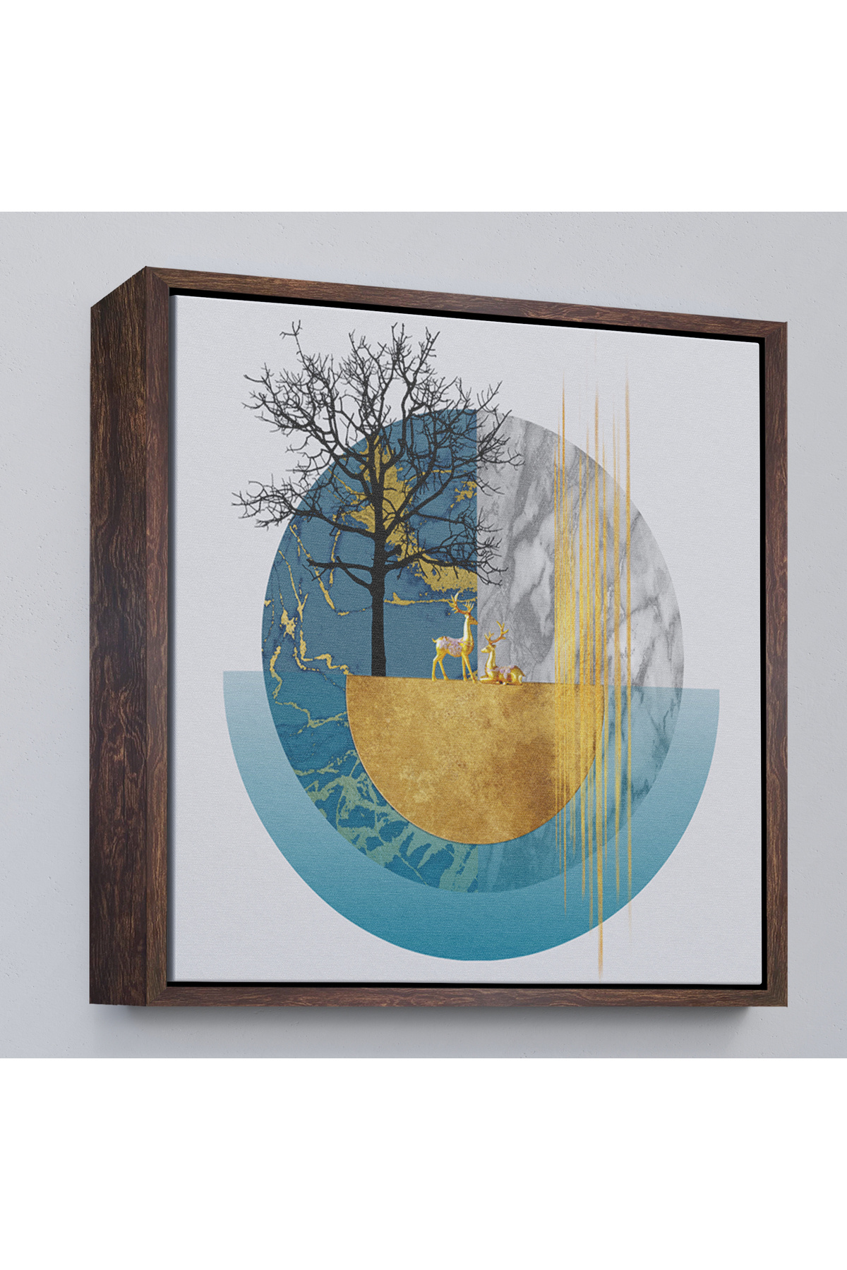 TAKI DERYASI-Abstract Geometry Tree and Deer Painting with Wooden Frame-8309 2
