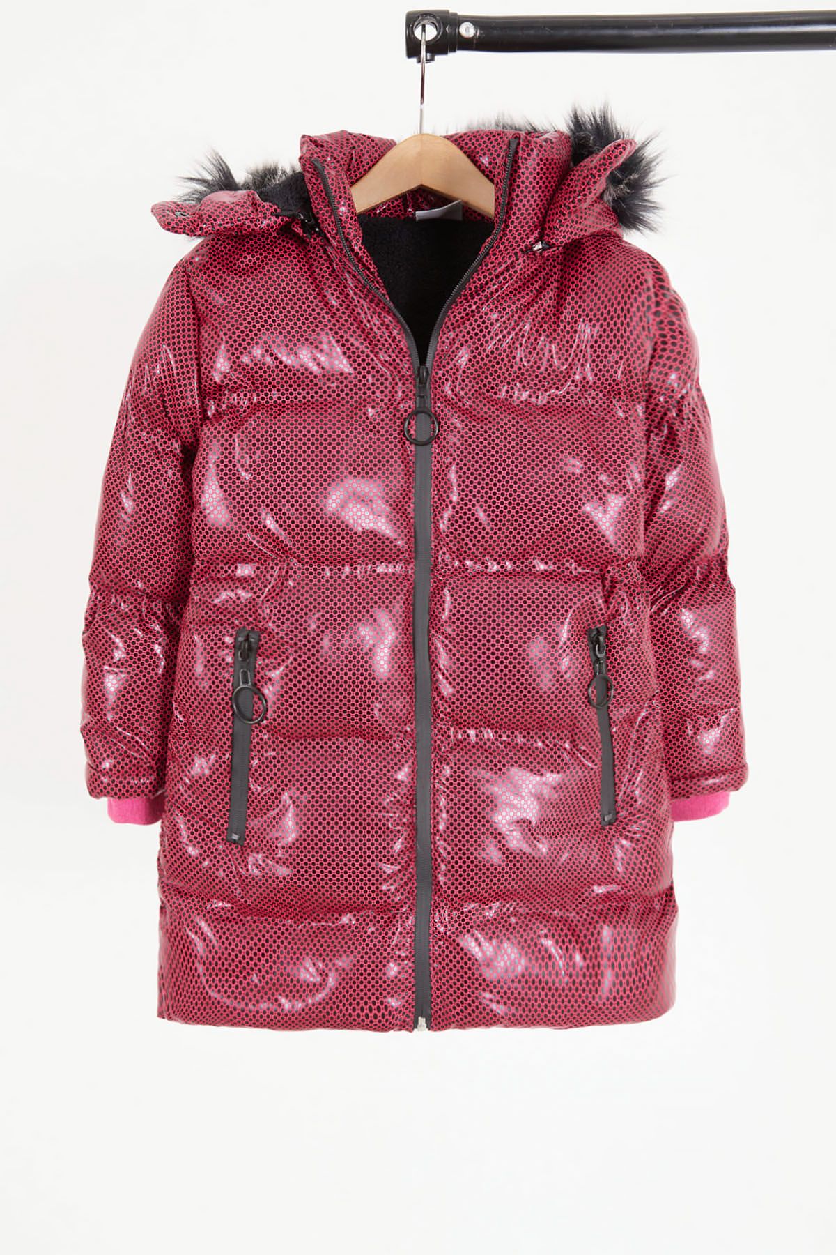 Cansın Mini-Girl's Hexagon Patterned Claret Red Puffer Coat 16272 1