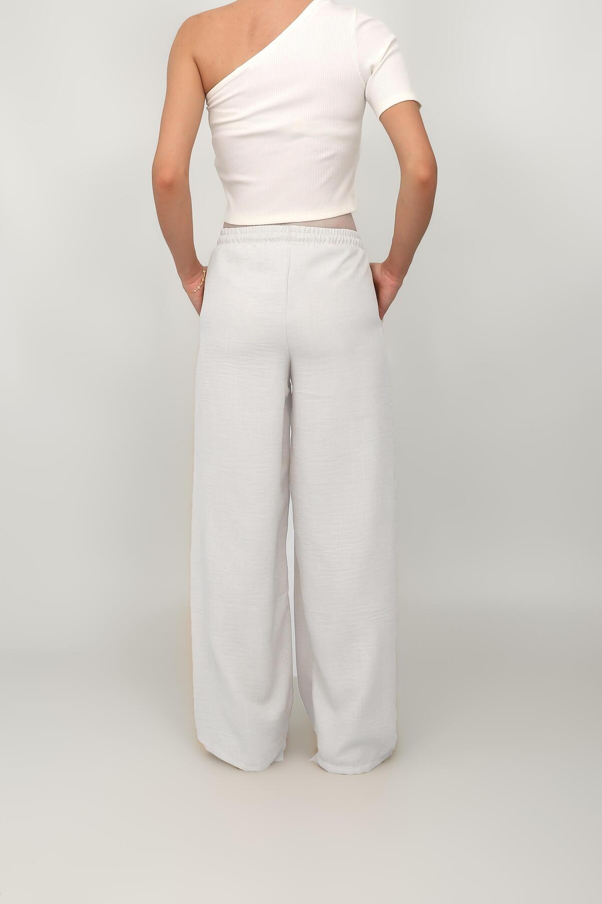 Simala-White Linen Trousers - Wide Leg, Elastic Waist, Lined 3