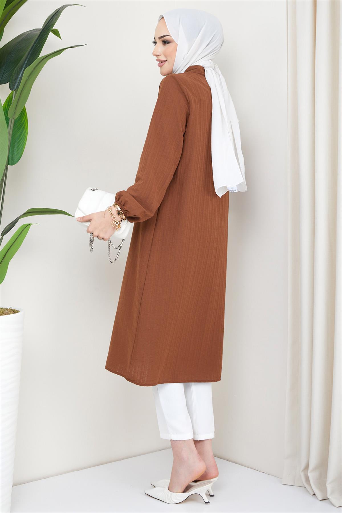 hafsamina  Yazlık Uzun Pamuklu Tunik Kahverengi - Görsel 6