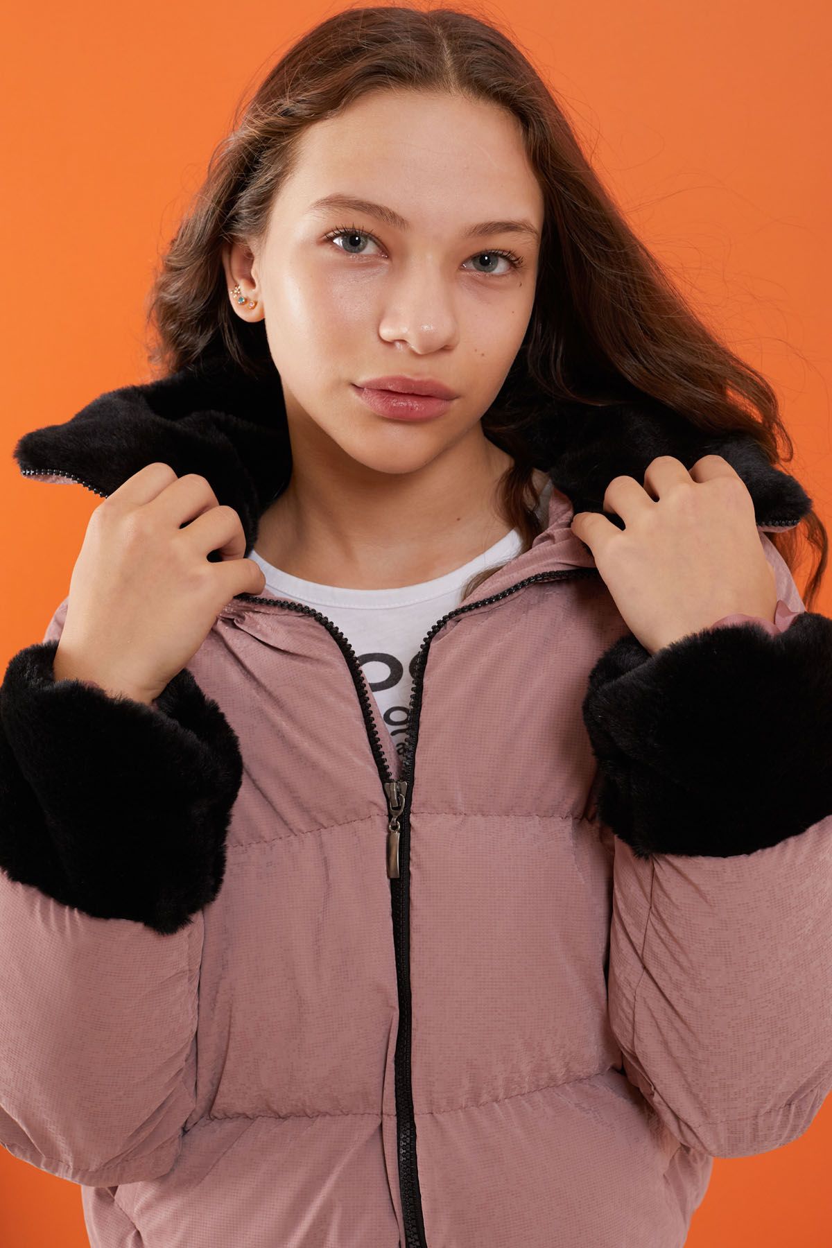 Cansın Mini-Girl's Puffer Jacket - Pink, Stand Collar, Fur Sleeve Detail 19506 5