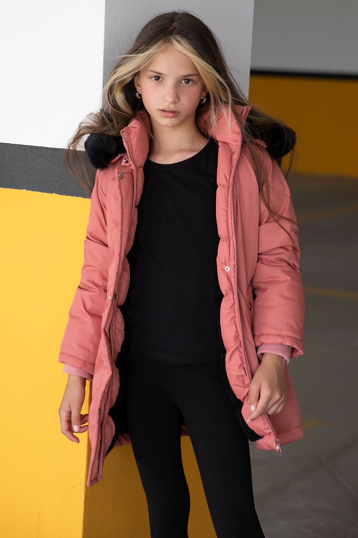 Pink Fur Lined Detachable Hooded Coat for Girls 19055