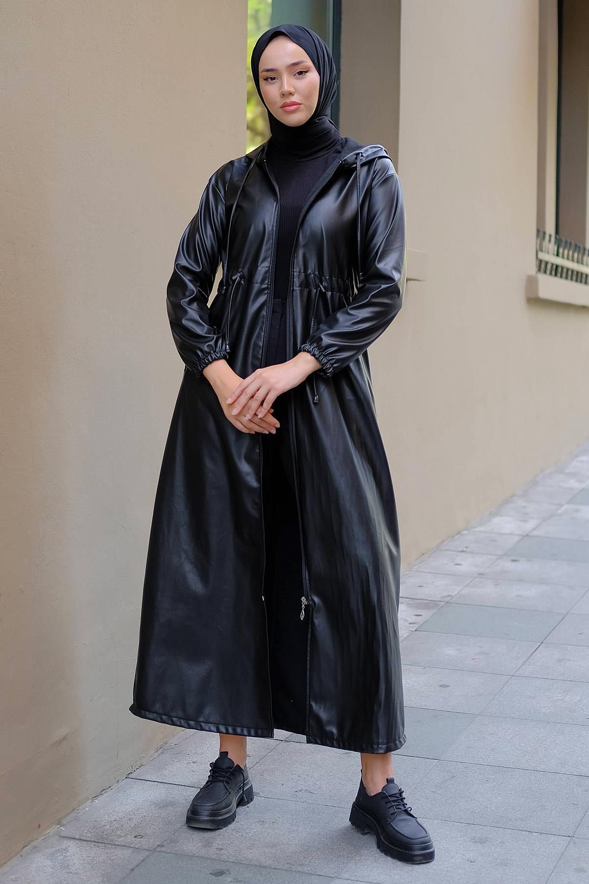 hafsamina-Δέσιμο Faux Leather Trench Coat Μαύρο HM2279 4