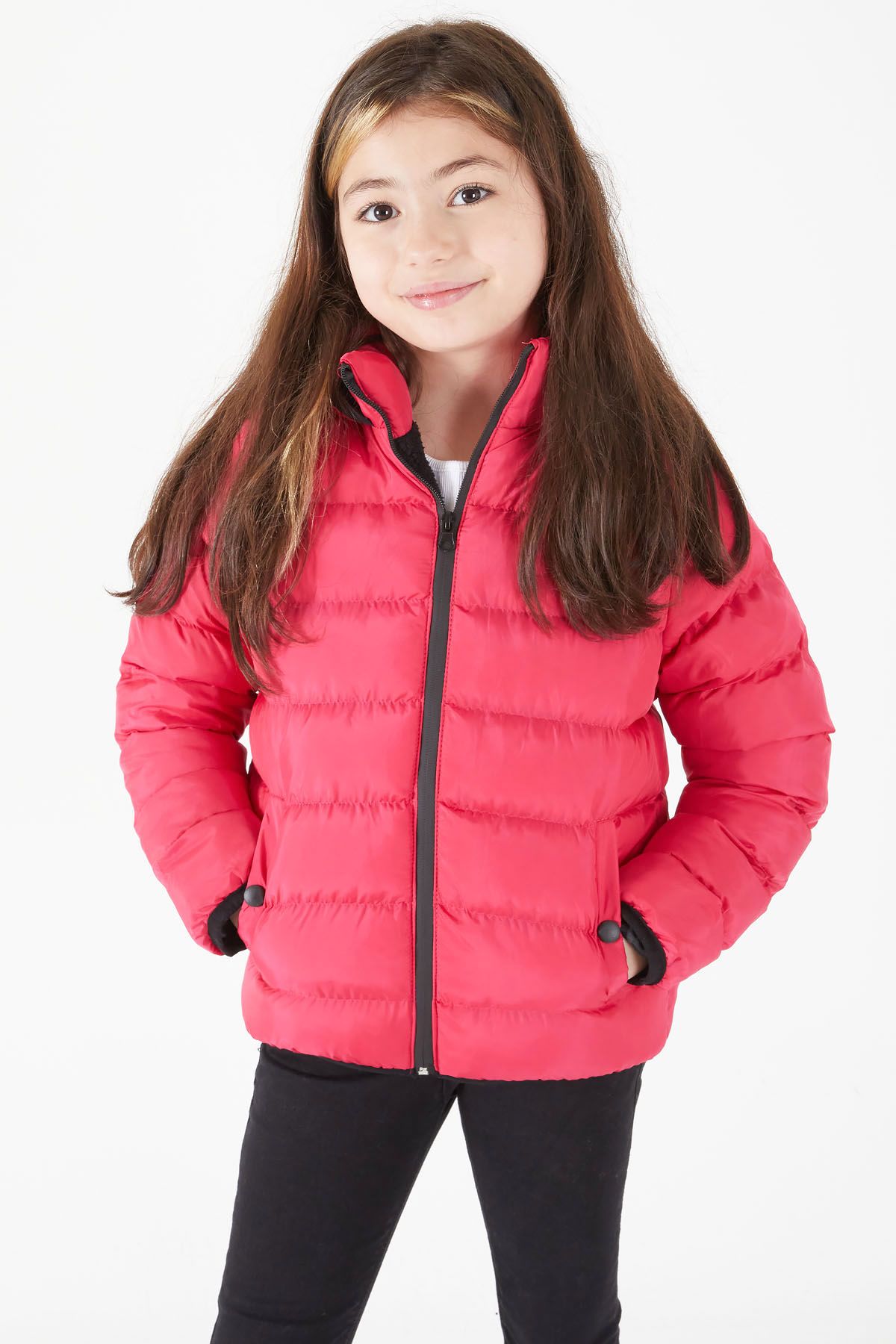 Cansın Mini-Girl's Straight Stitched Fuchsia Puffer Coat 15639 4