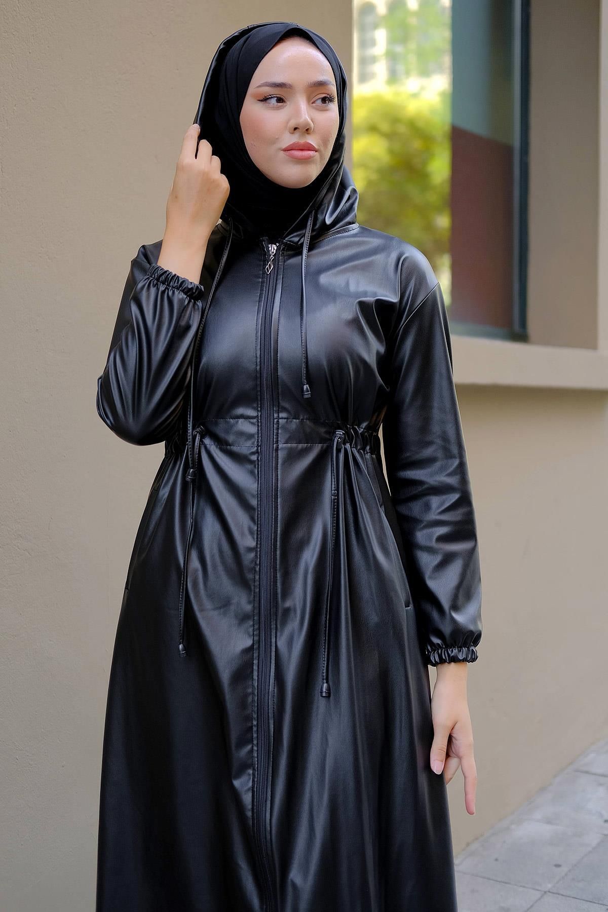 hafsamina-Δέσιμο Faux Leather Trench Coat Μαύρο HM2279 2