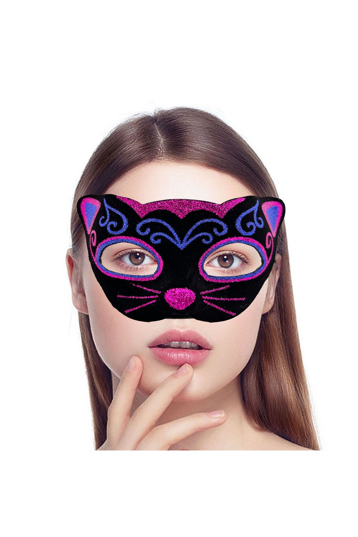 Avantaj Kapıda ® Siyah Kadife Kaplama Üzeri Pembe Mavi Sim İşlemeli Kedi Maskesi 20x13 cm (Tam Takım)