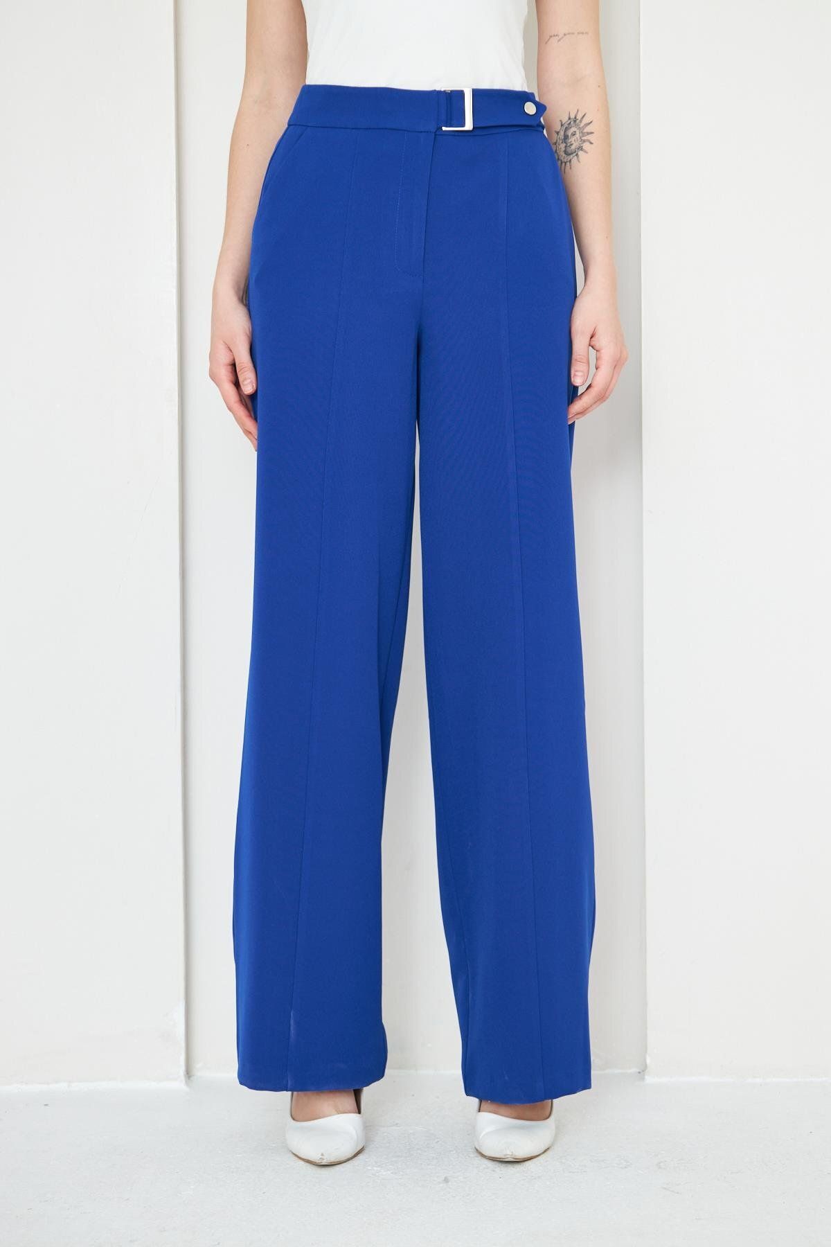 LOVELF-Saks Blue Wide Leg Trousers - Buckle Detailed 3