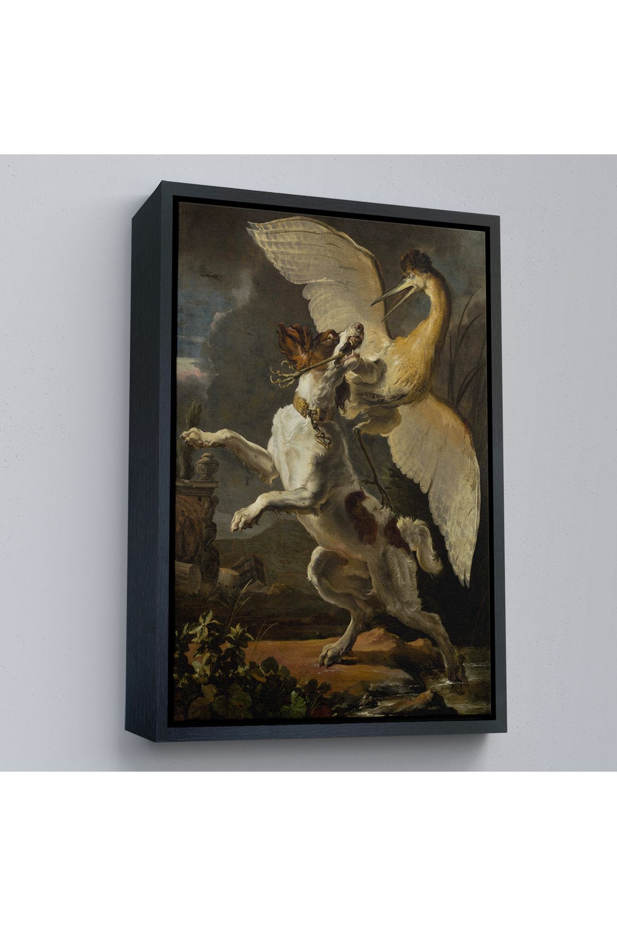 Jusoon Çerçeveli Abraham Hondius - Kuşa Saldıran Köpek Tablo - Dog Fighting A Heron-7281