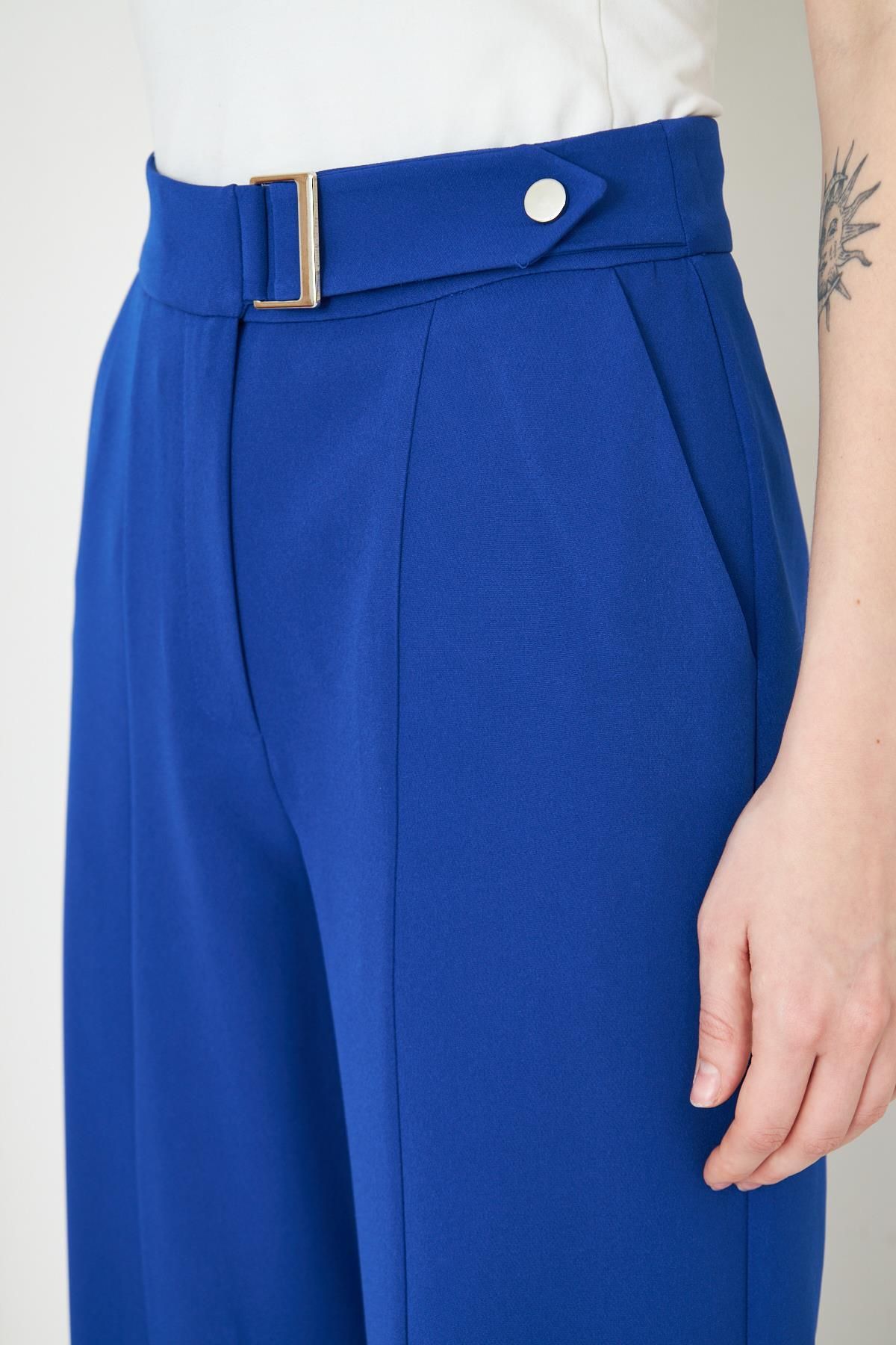 LOVELF-Saks Blue Wide Leg Trousers - Buckle Detailed 4