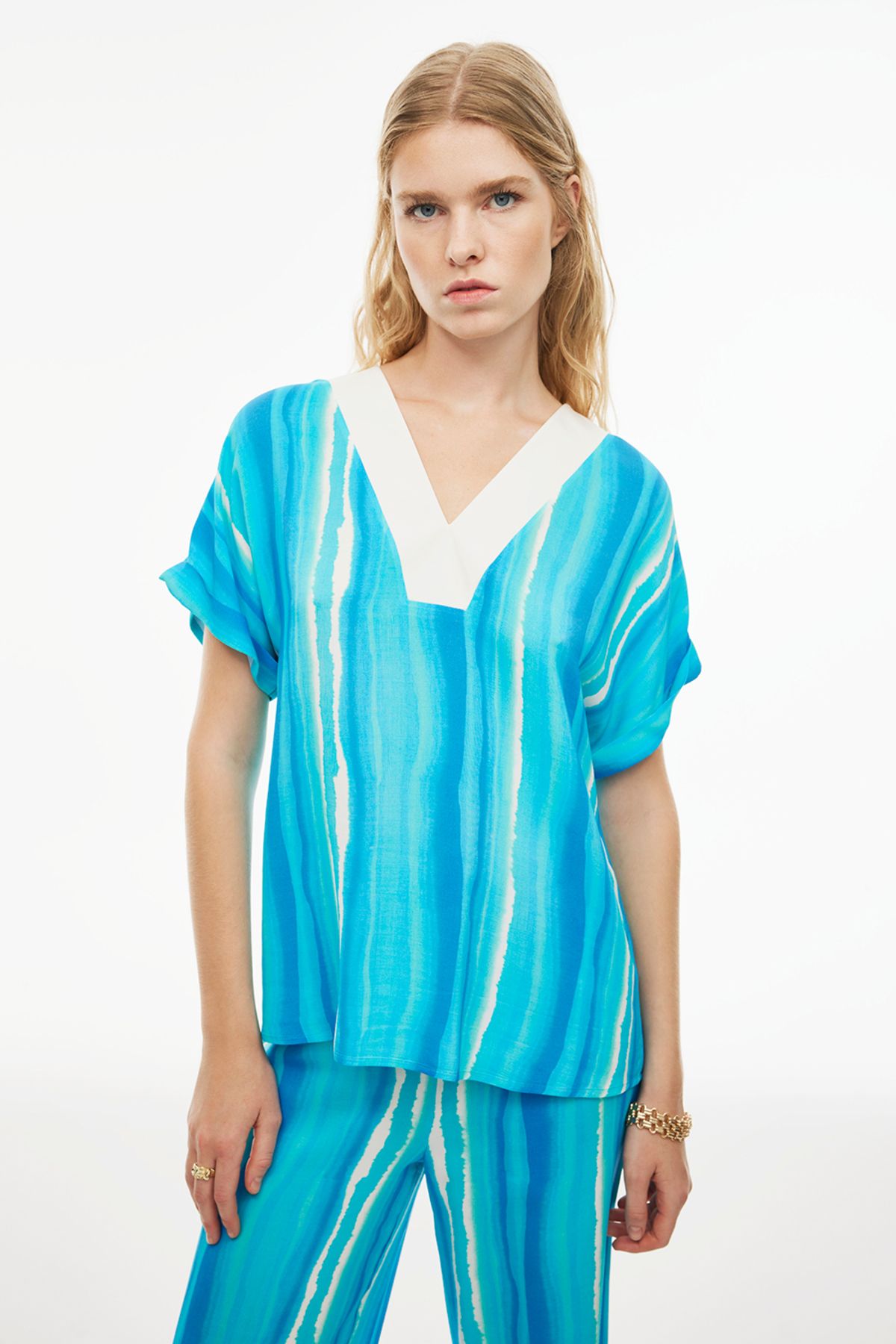 Perspective-Turquoise Striped V-Neck Fake Sleeve Women's Blouse - Regular Fit 2