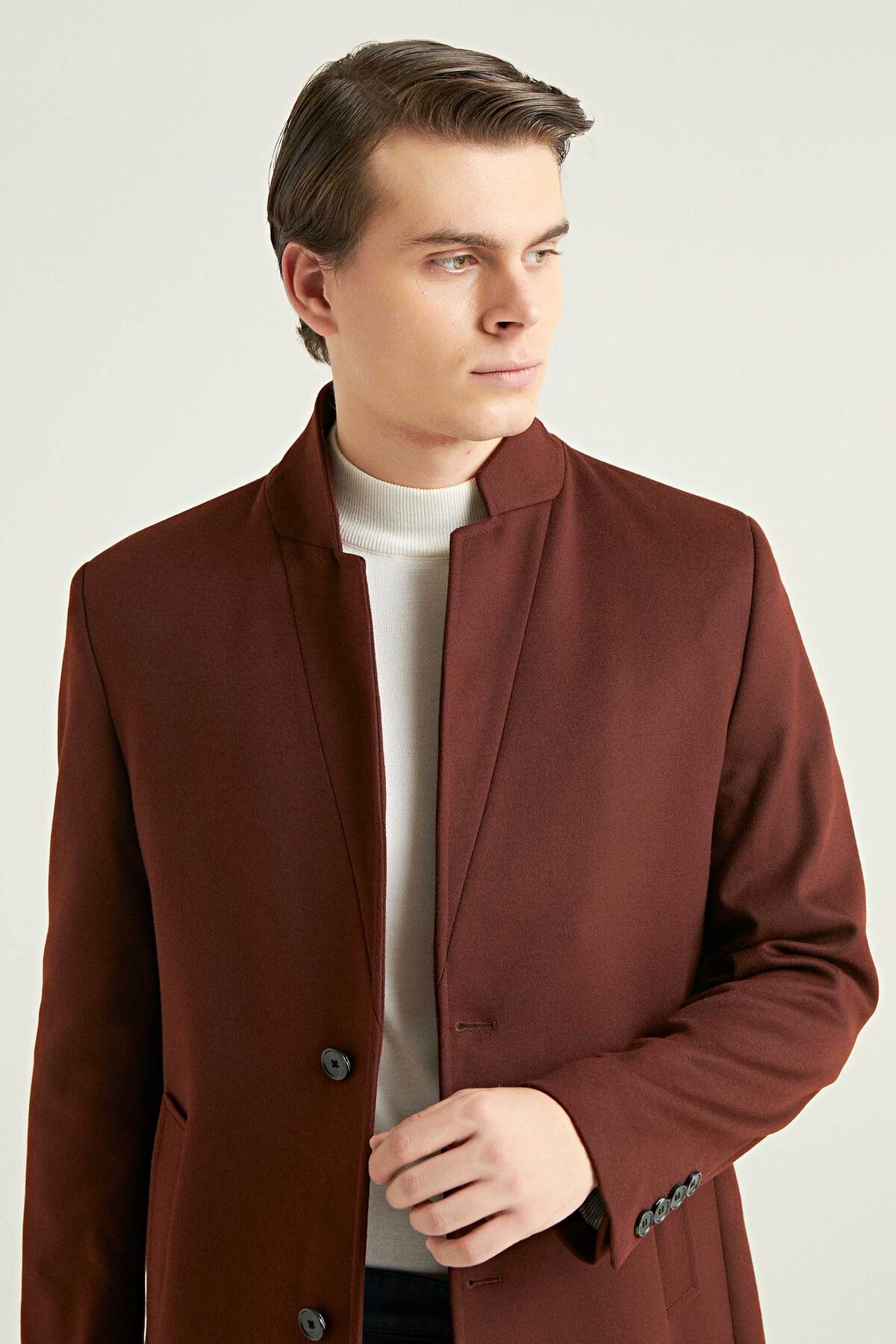 Twn Slim Fit Kiremit Düz Tek Yırtmaçlı Viskonlu Palto görsel 3