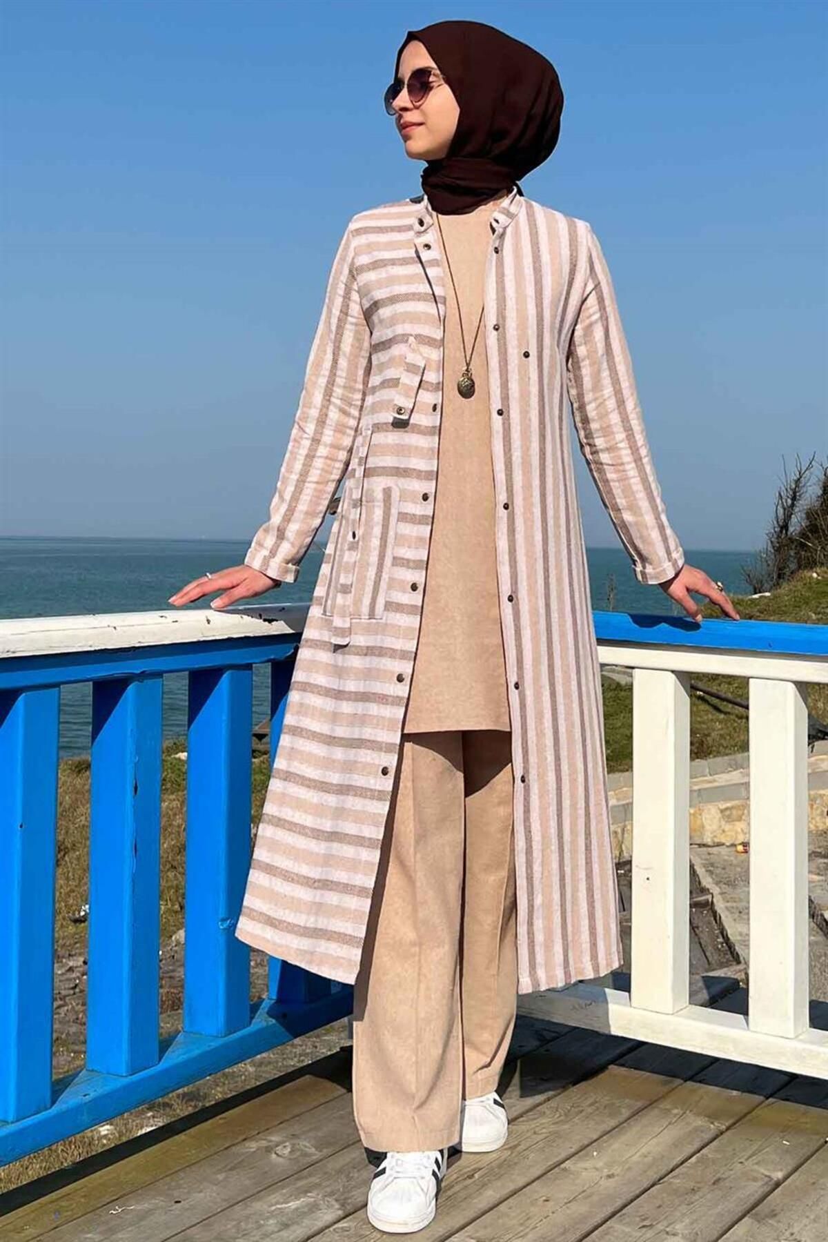 Rabia Şamlı-Brown Striped 3-Piece Set 7