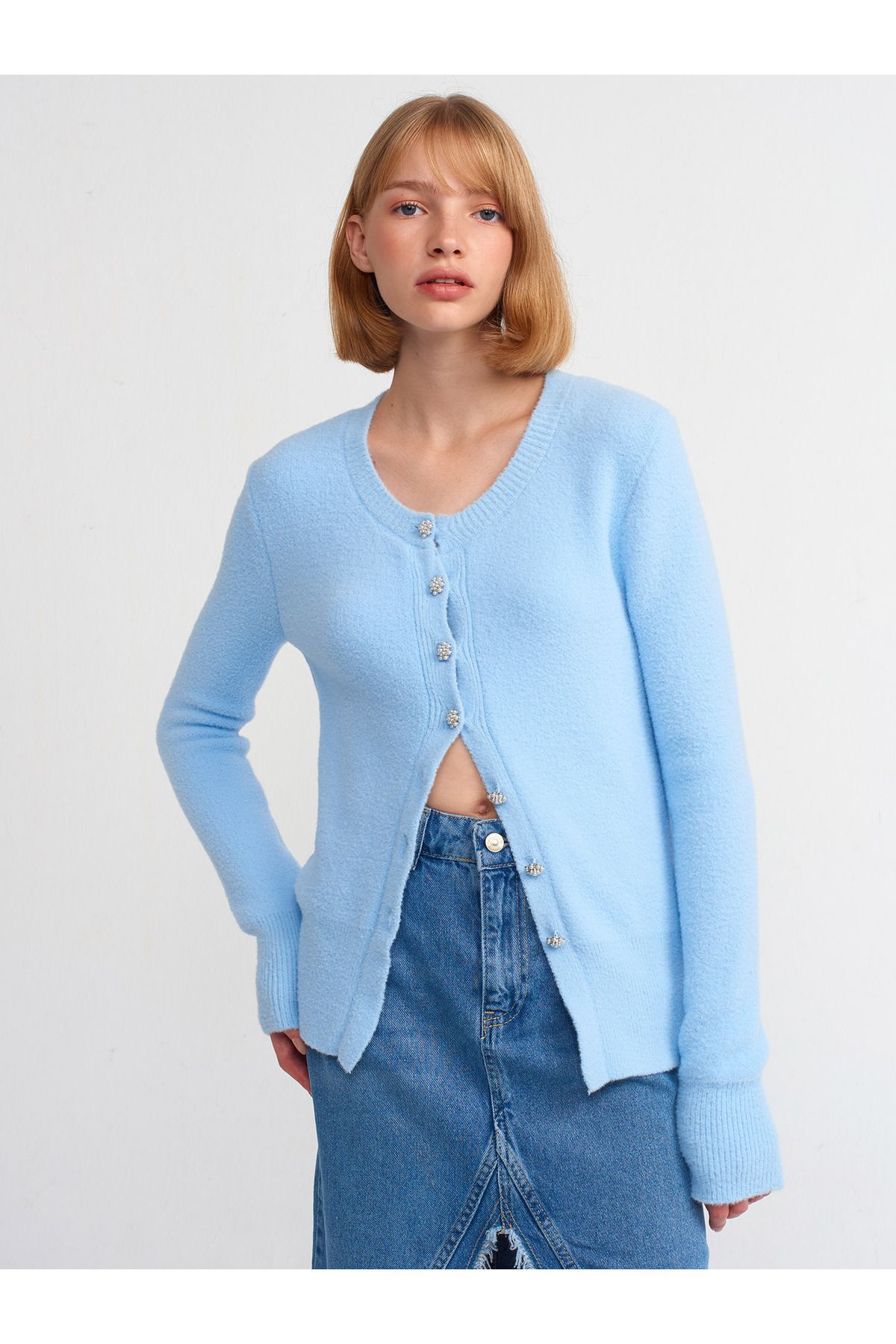 Dilvin-60198 Blue Knitwear Cardigan - Pearl Buttoned 1