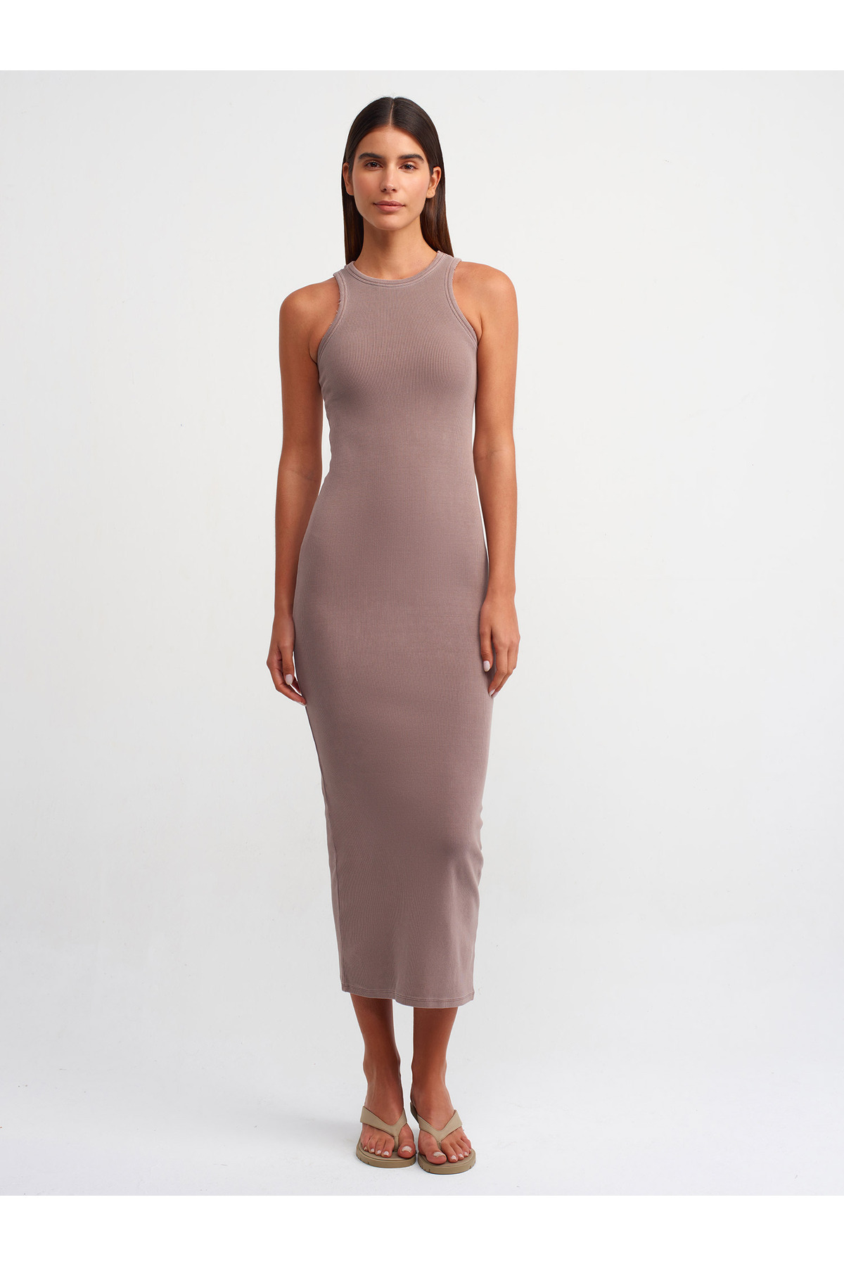 Dilvin 90805 Yıkama Efektli Midi Elbise-Kahve