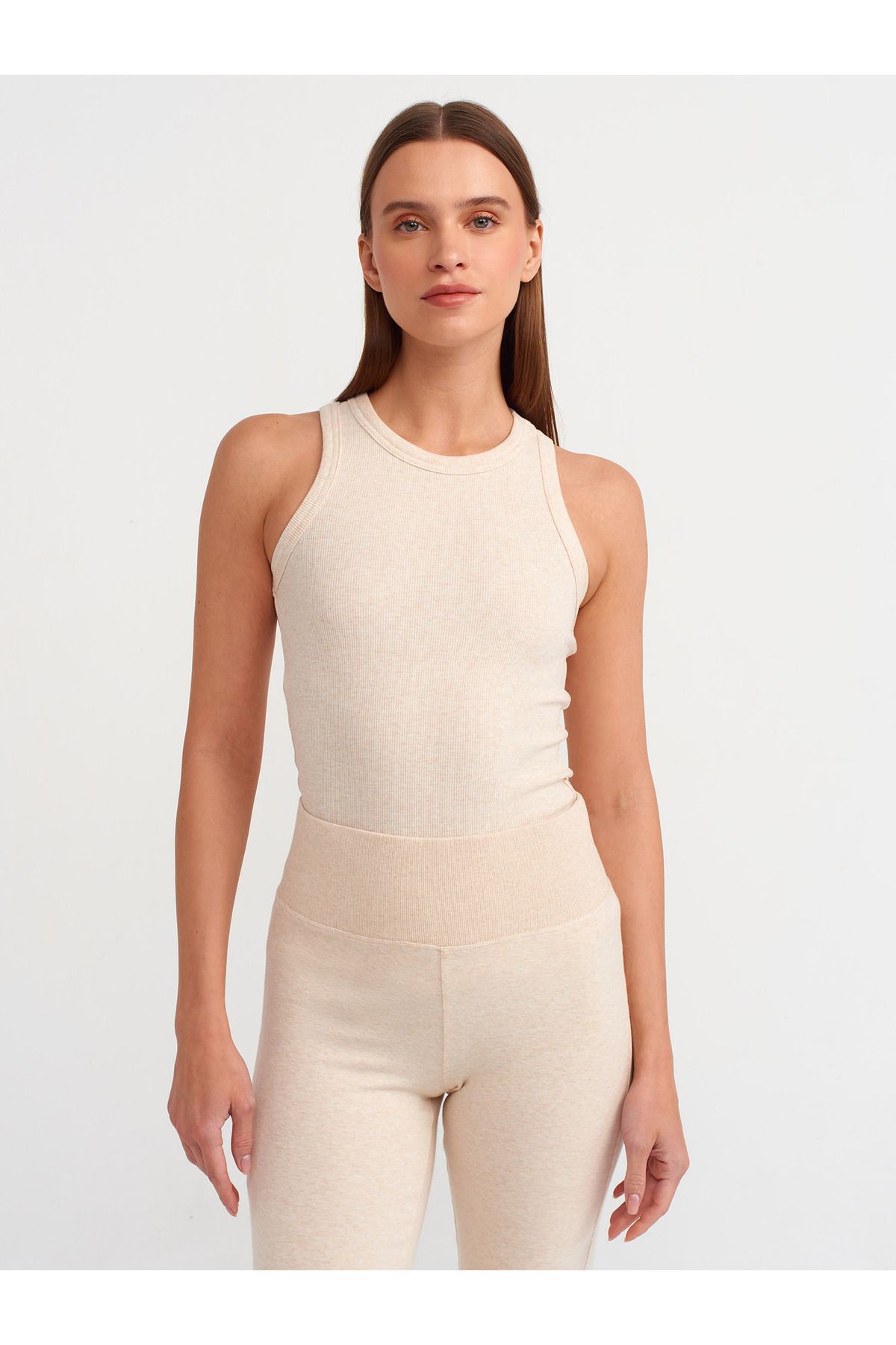 Dilvin-20853 Beige Melange Halter Collar Corded Tank Top 1