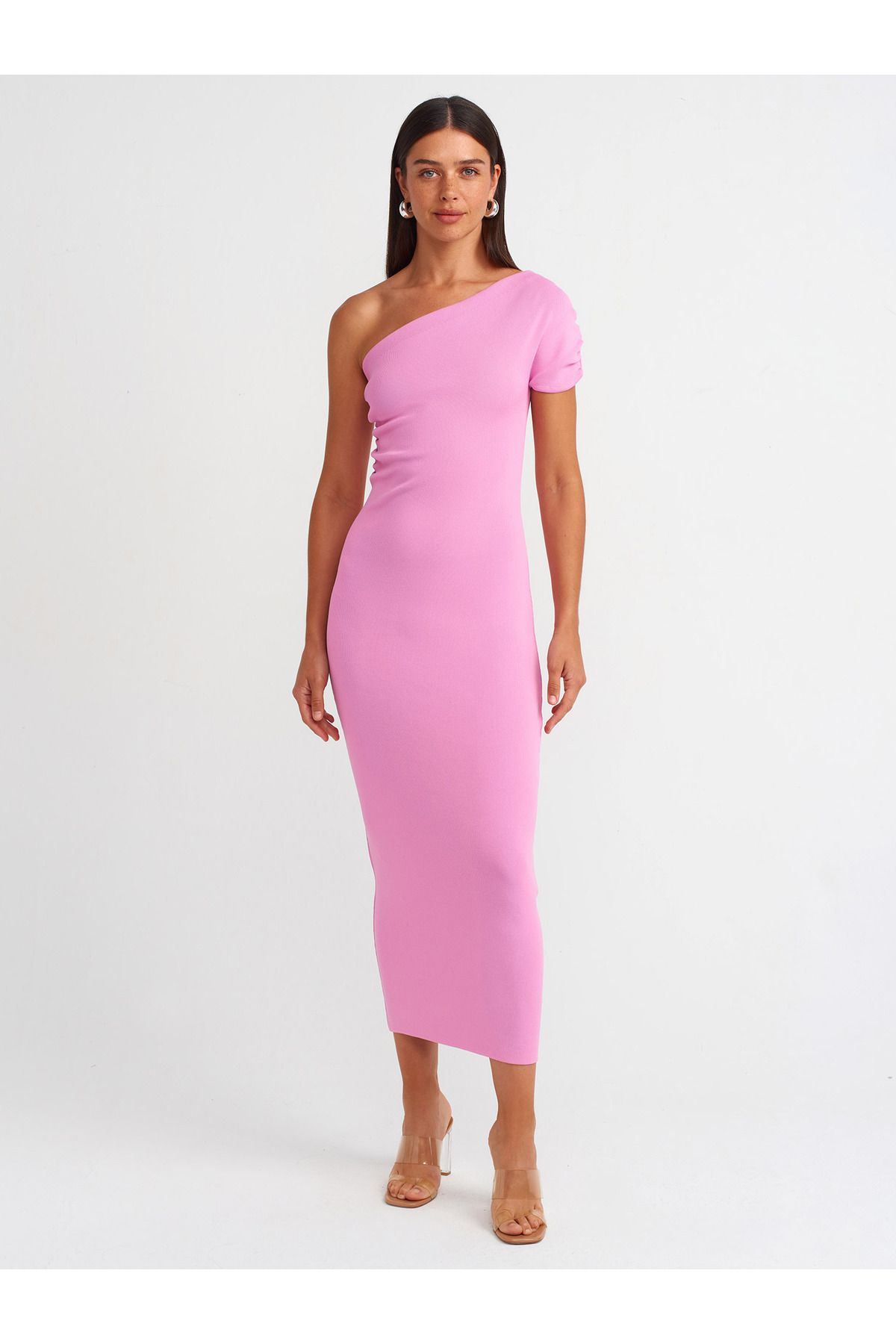 Dilvin-90221 Pink Asymmetrical Draped Knitwear Dress 1