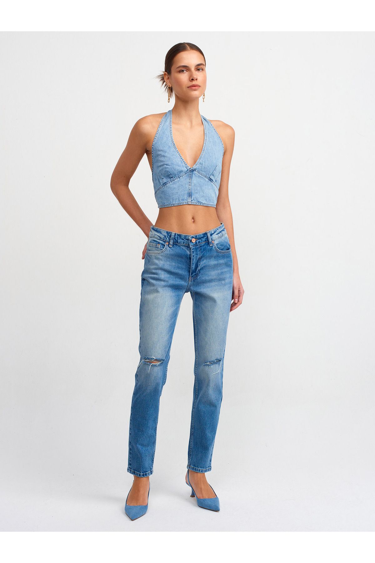 Dilvin-71440 Pantaloni din denim din Lycra cu talie joasă - Albastru închis 1