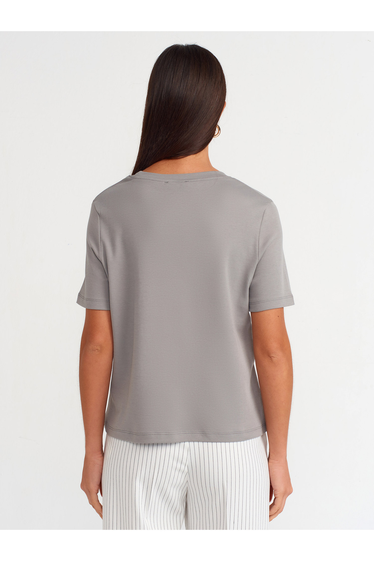 Dilvin-31142 Tricou din bumbac cu gât crew-gri 2