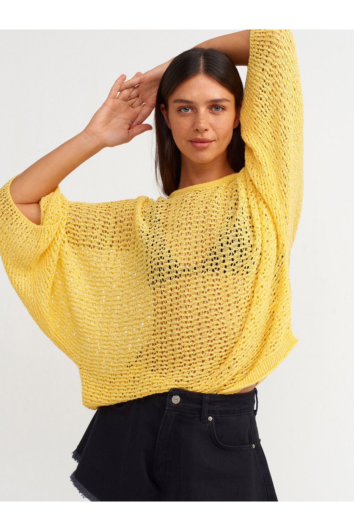 Dilvin-10551 Boat Neck Shaped Knit Sweater-yellow 1