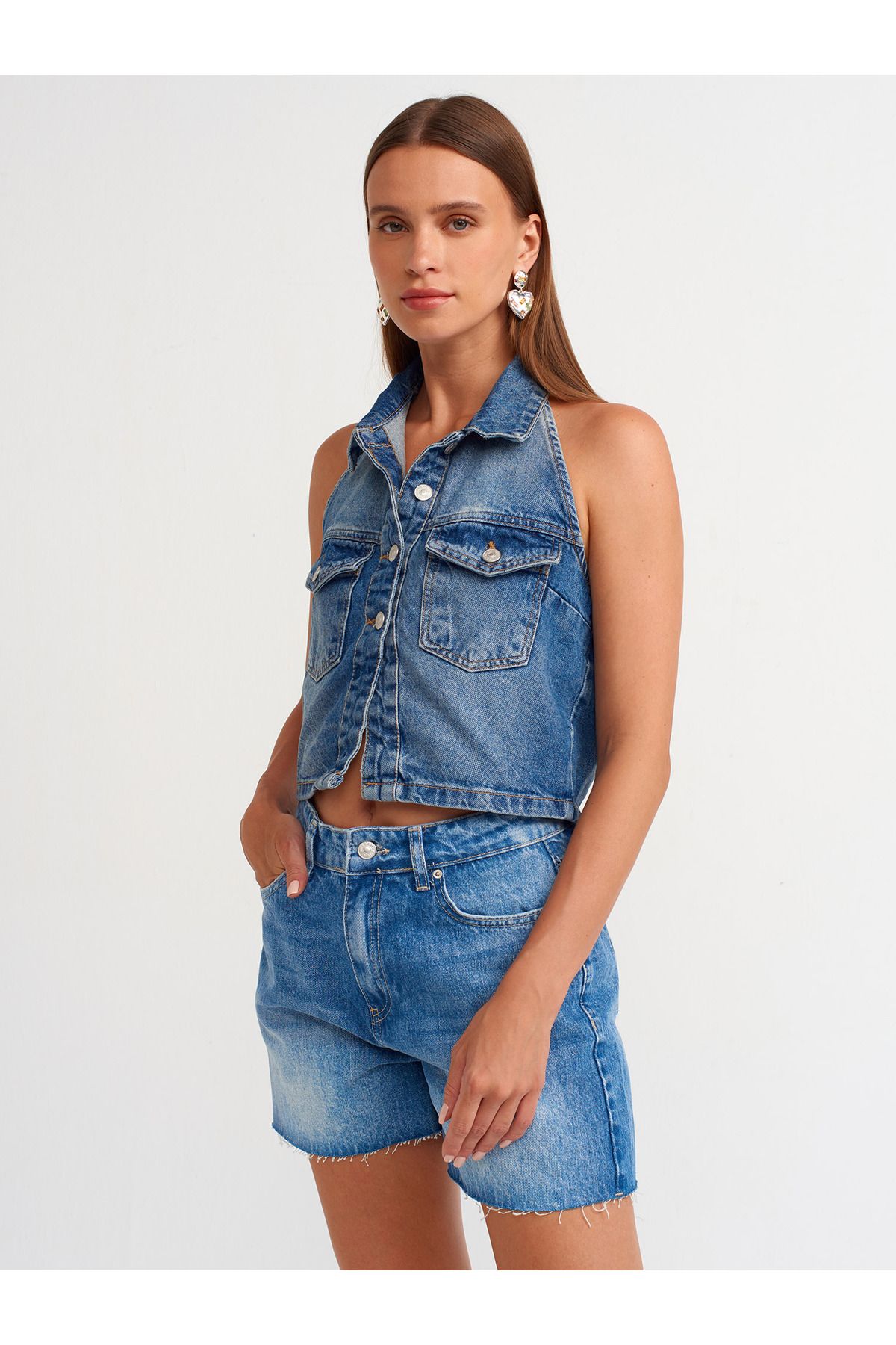 Dilvin-50731 Vestă de blugi albastru - Guler cu spatele deschis 6