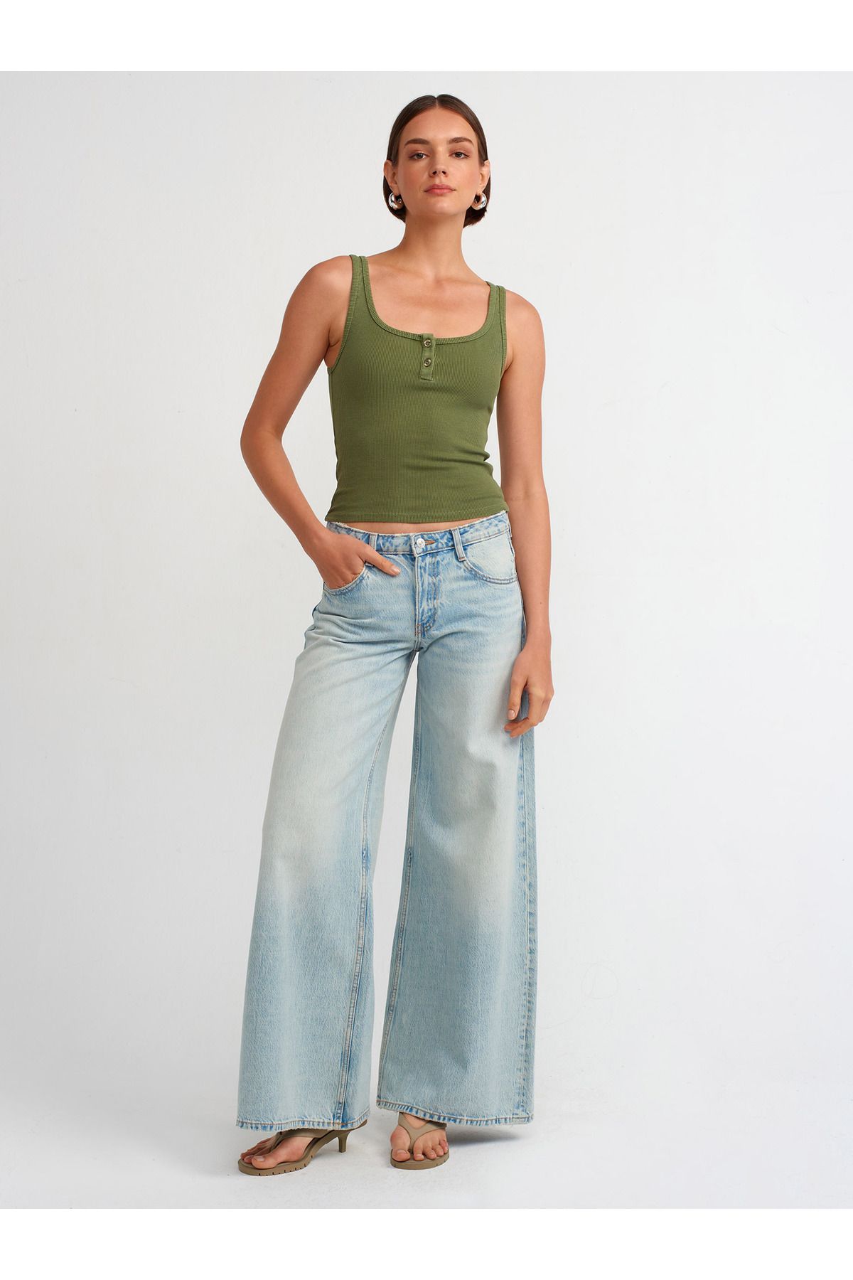 Dilvin-20840 Green Buttoned Tank Top with Washing Effect 1