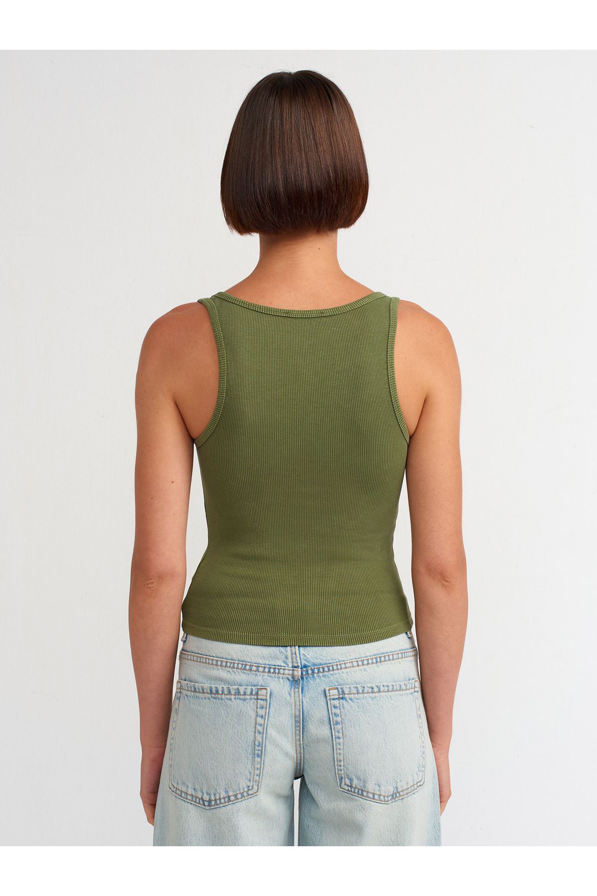 Dilvin-20840 Green Buttoned Tank Top with Washing Effect 3