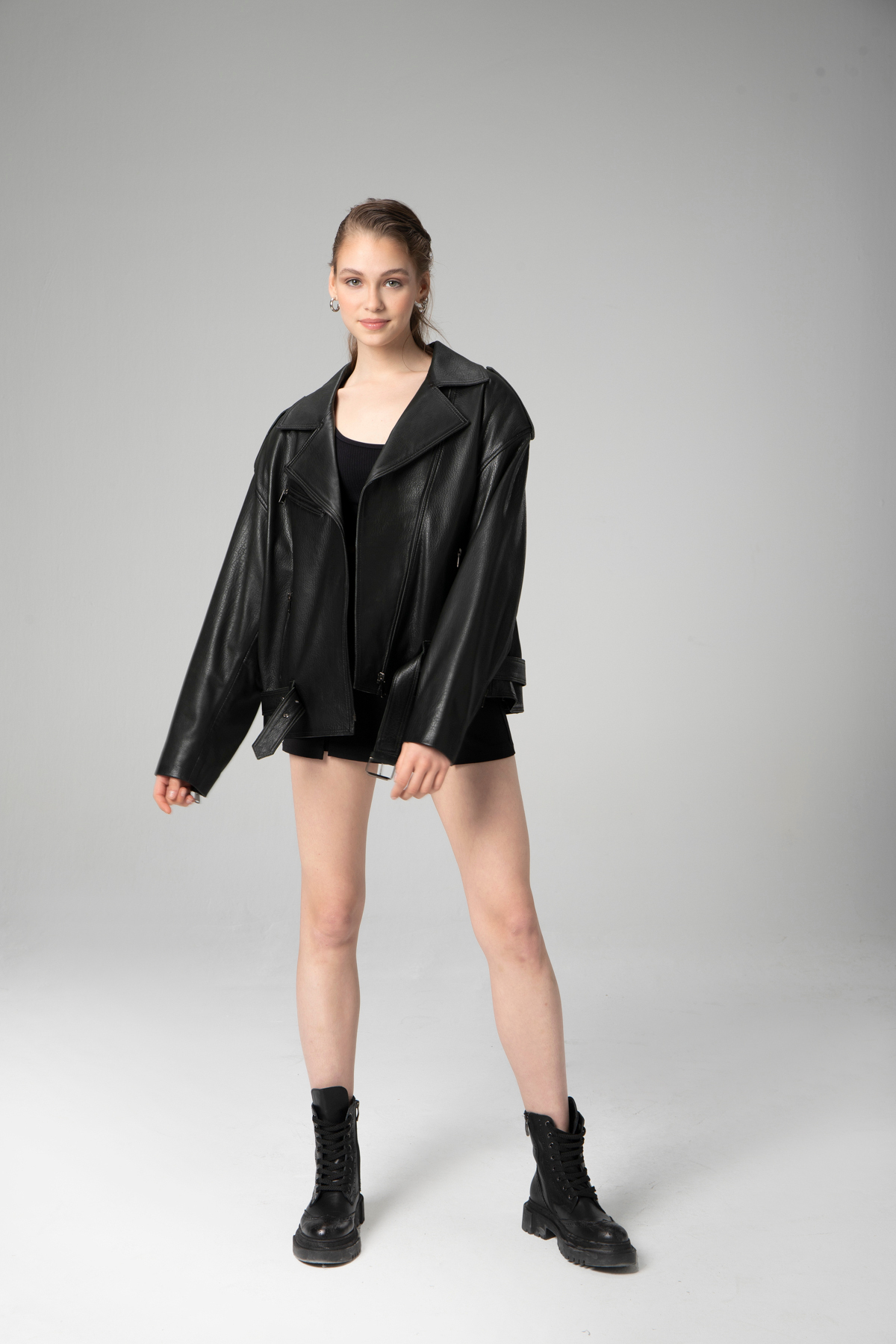 Dericlub Pamela Unisex Jumbo Oversize Biker Hakiki Deri Mont Siyah görsel 4