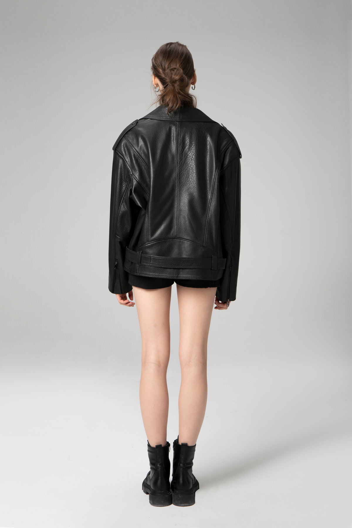 Dericlub Pamela Unisex Jumbo Oversize Biker Hakiki Deri Mont Siyah görsel 3