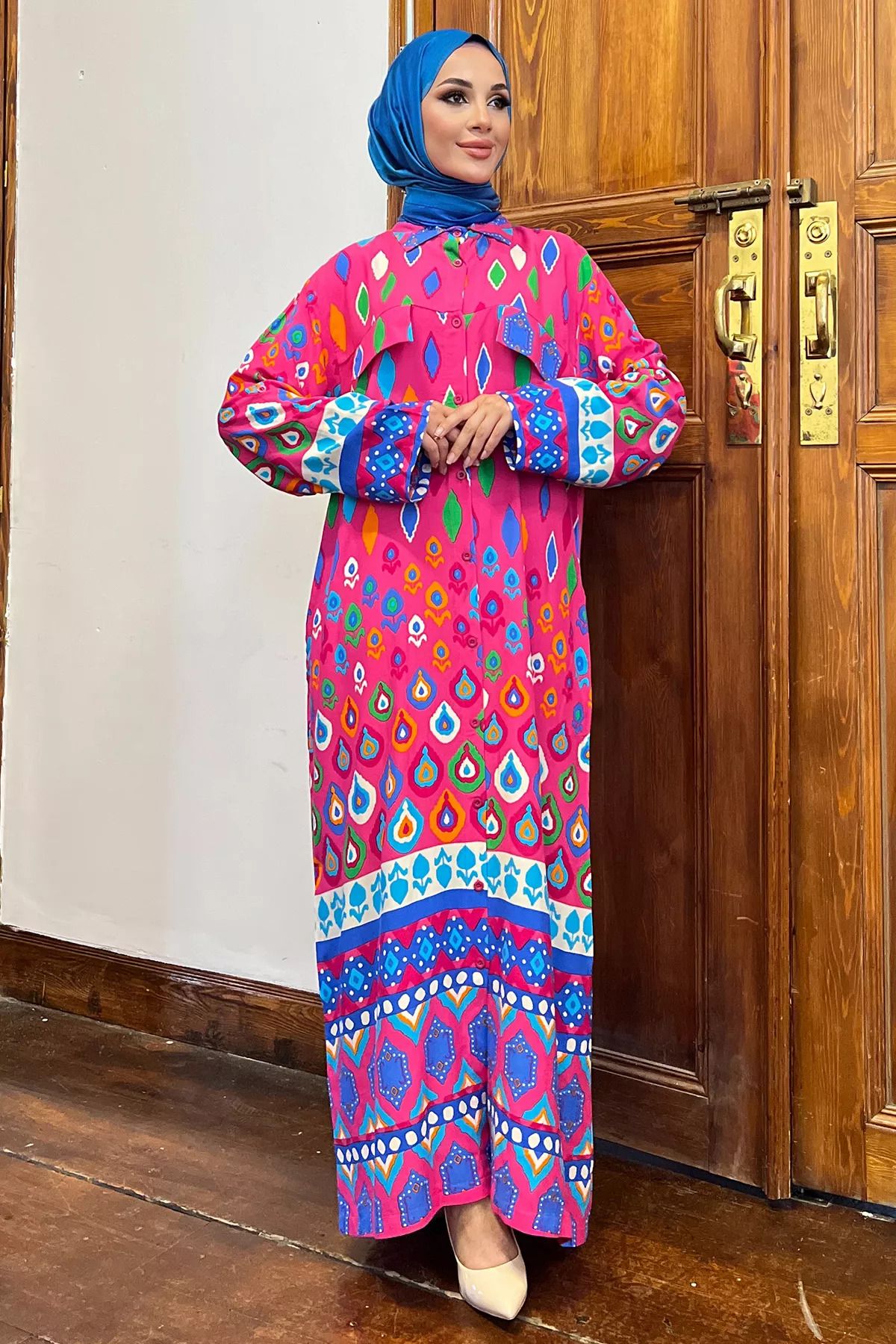 julude-Fuchsia Buttoned Patterned Hijab Viscose Dress 3