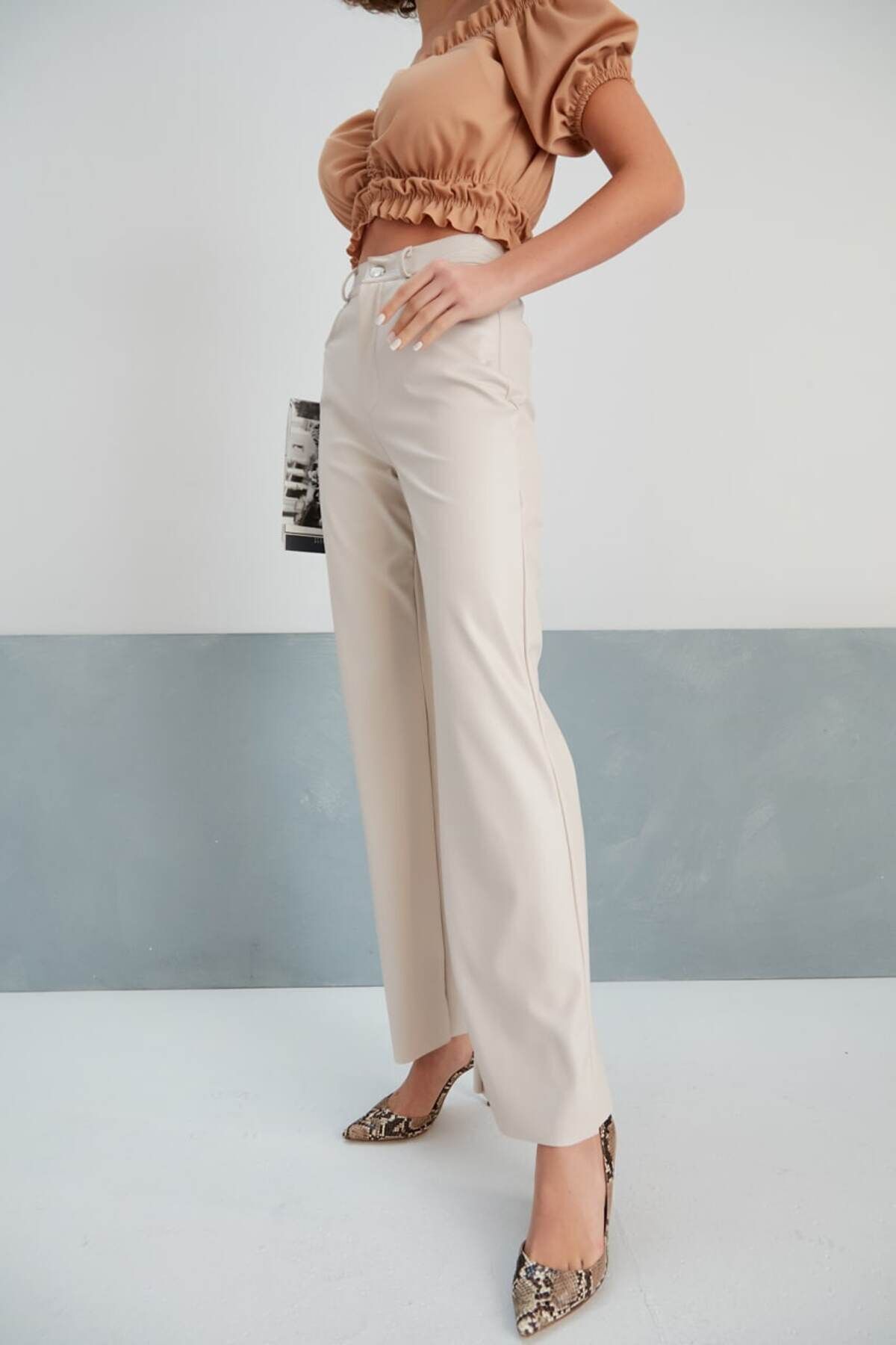 KaSheHa-Cream Back Elastic High Waist Tube Long Button Detailed Leather Pants 105 cm 3